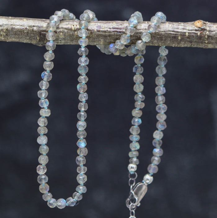 A hand knotted bead necklace made of faceted roundel labradorite with a sterling silver lobster claw closure, displayed on a branch against a dark background.