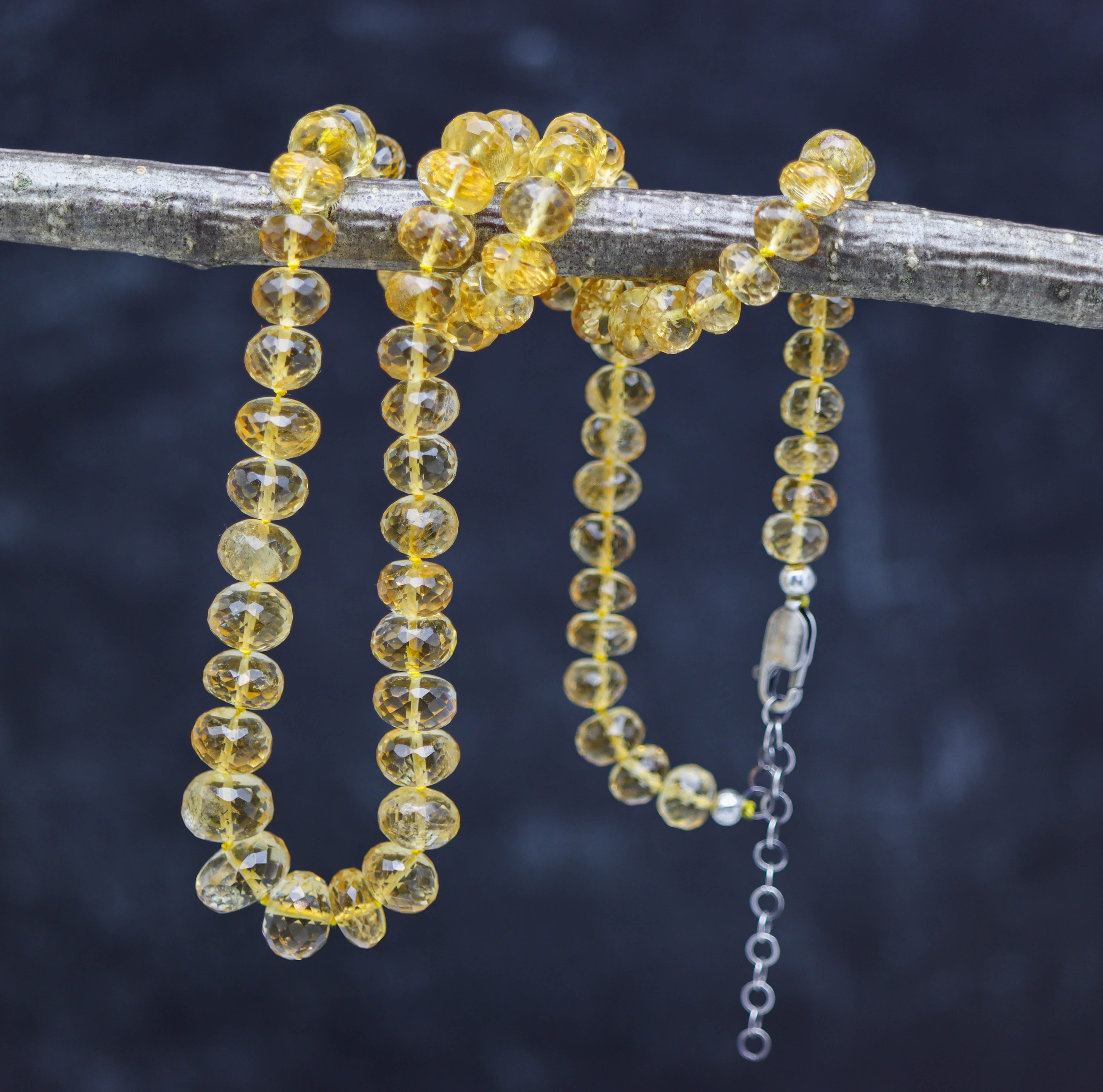 Beaded yellow necklace on a branch with a blurred natural background