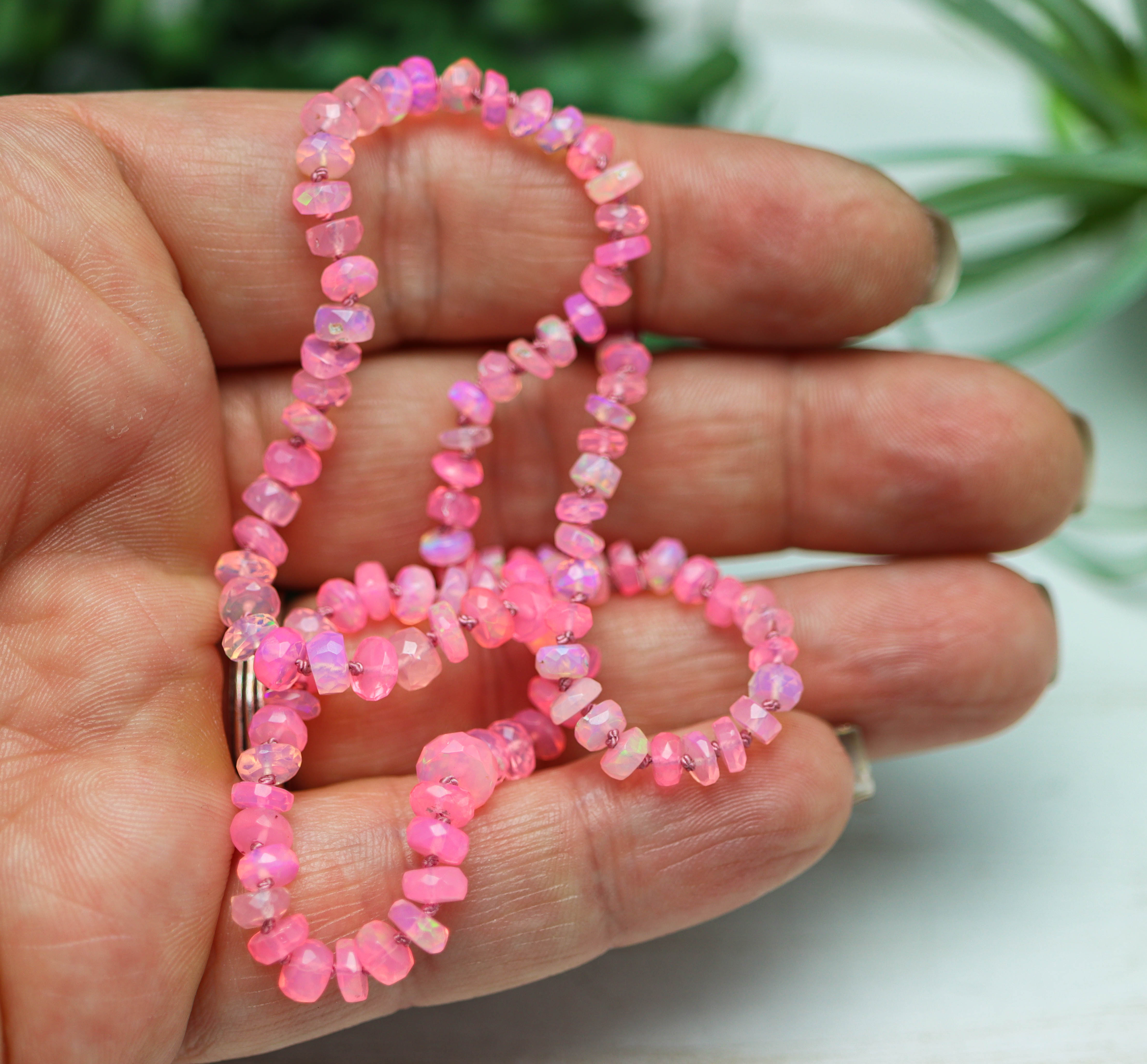 Hot Pink Opal Hand Knotted Bead Necklace Sterling Silver