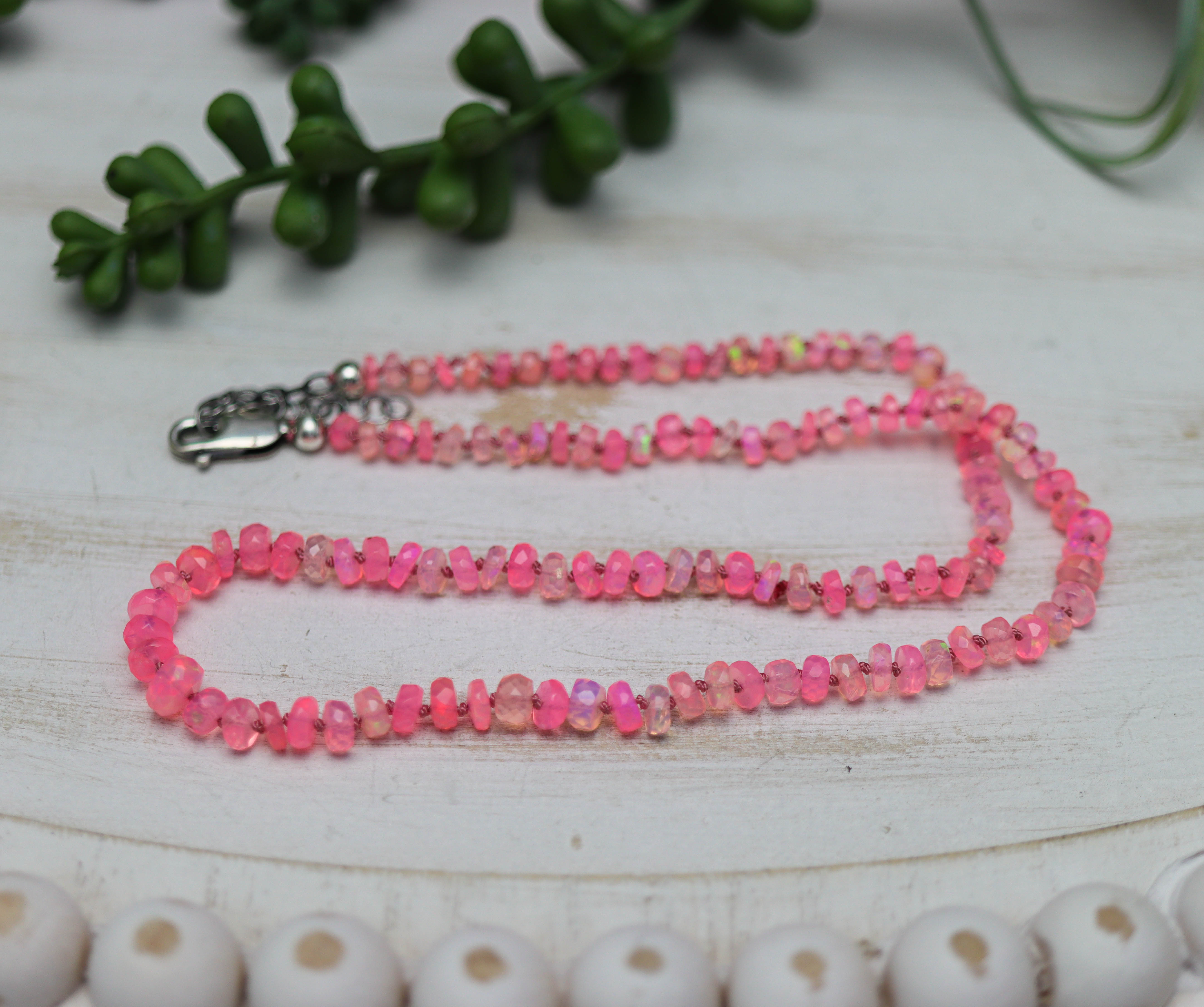 Hot Pink Opal Hand Knotted Bead Necklace Sterling Silver