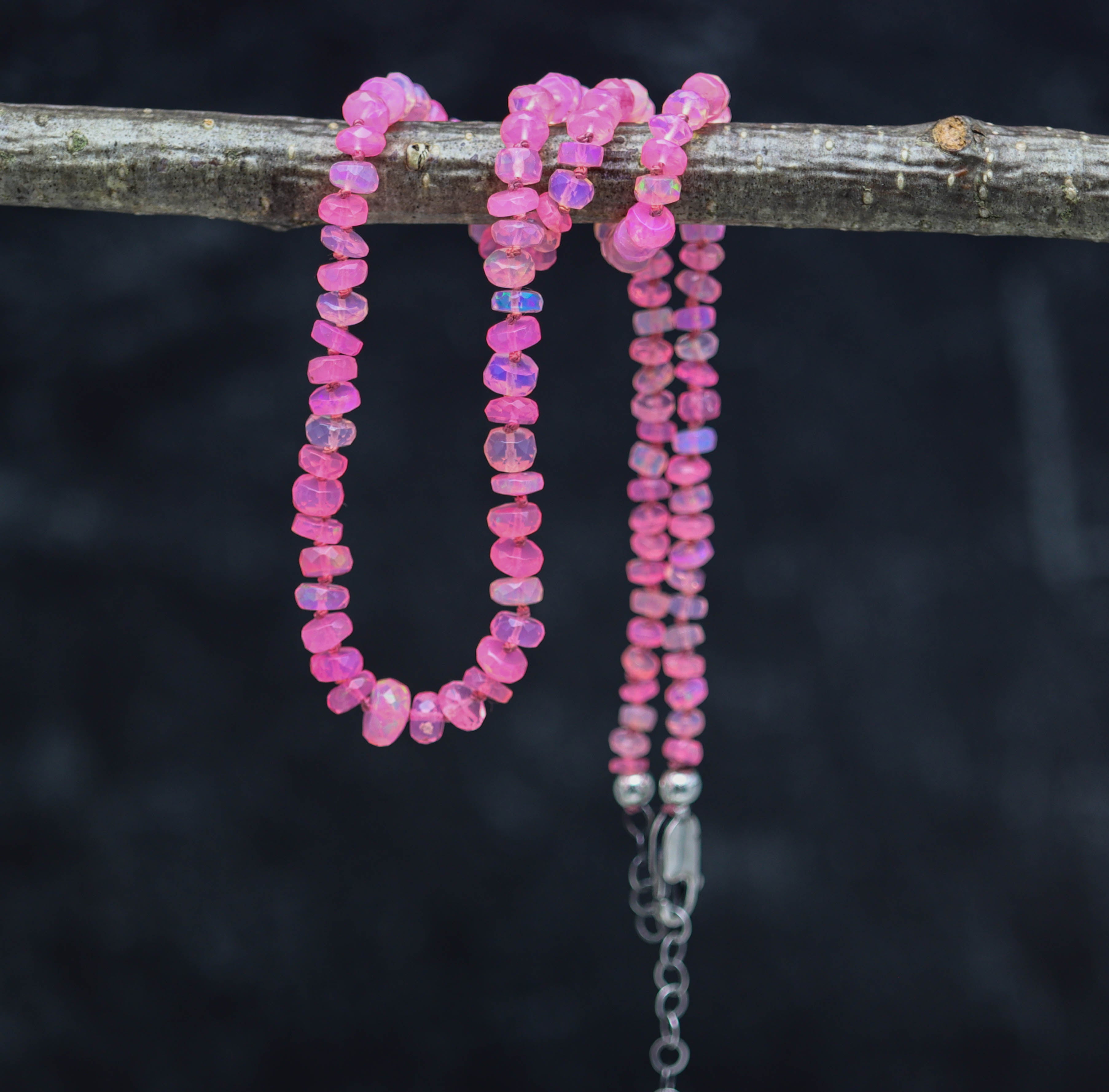 Hot Pink Opal Hand Knotted Bead Necklace Sterling Silver