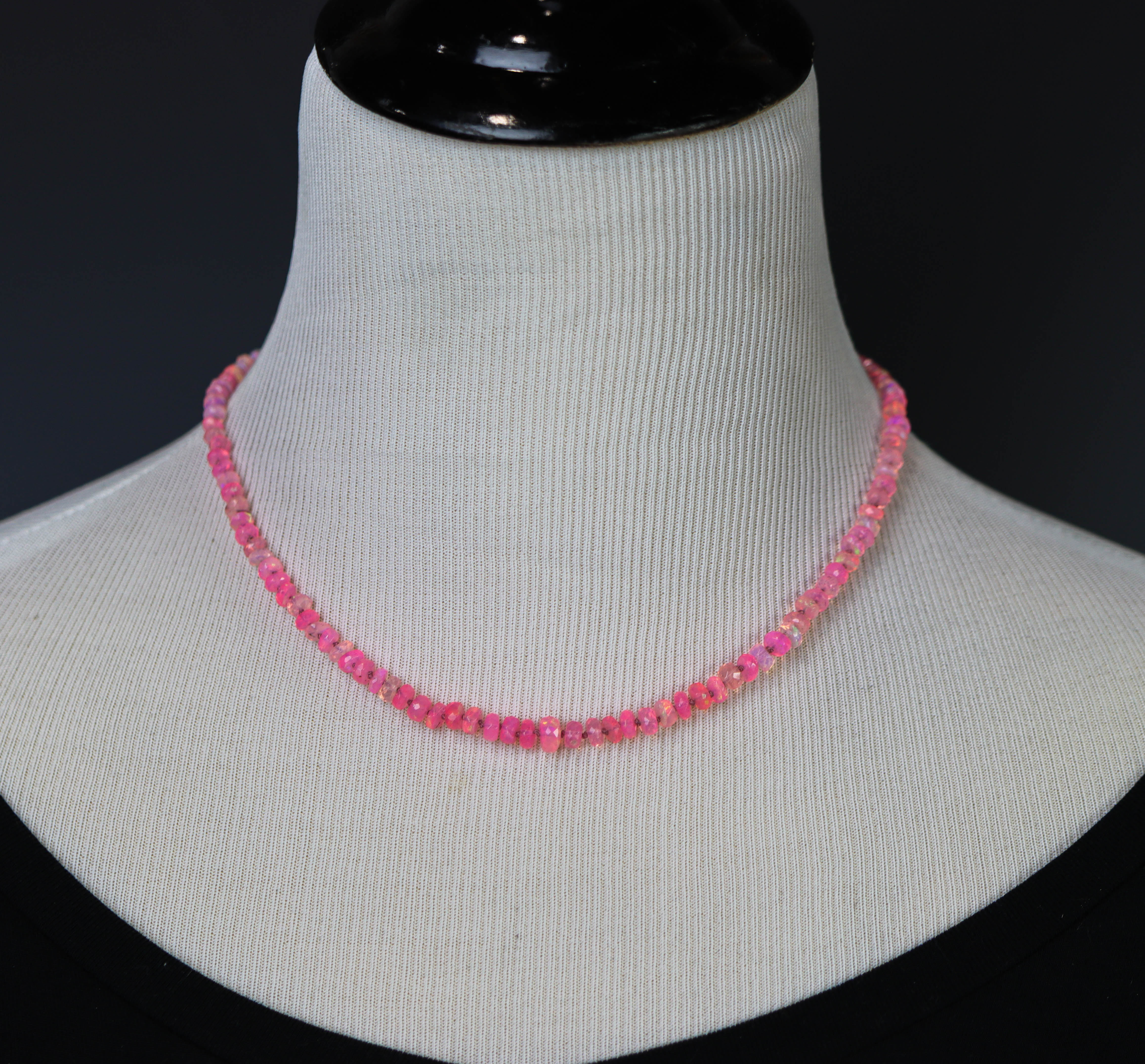 Hot Pink Opal Hand Knotted Bead Necklace Sterling Silver
