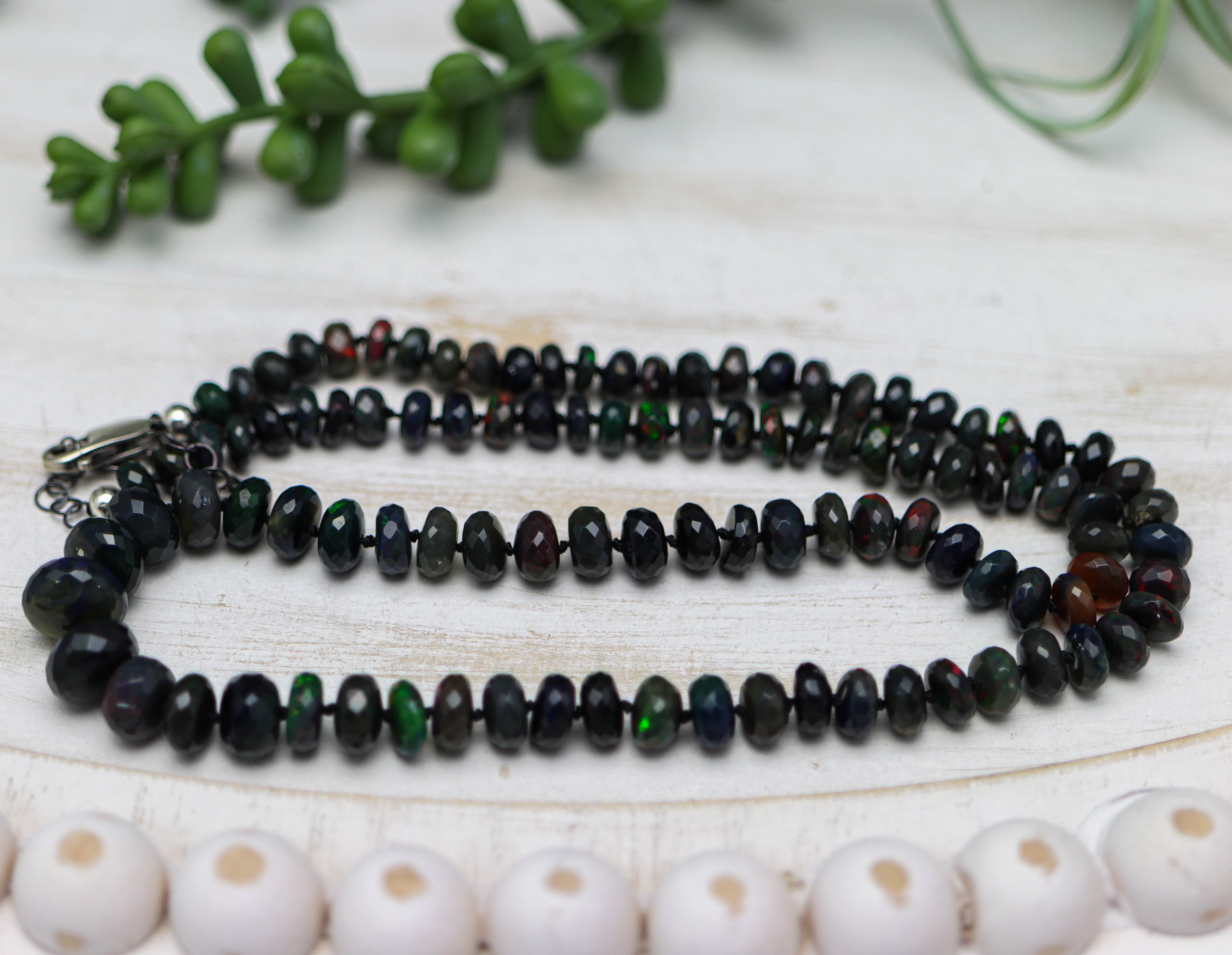 Black Opal Hand Knotted Bead Necklace Sterling Silver