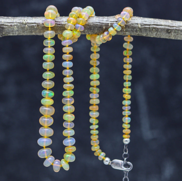 Opal beaded necklace on a branch with a dark background