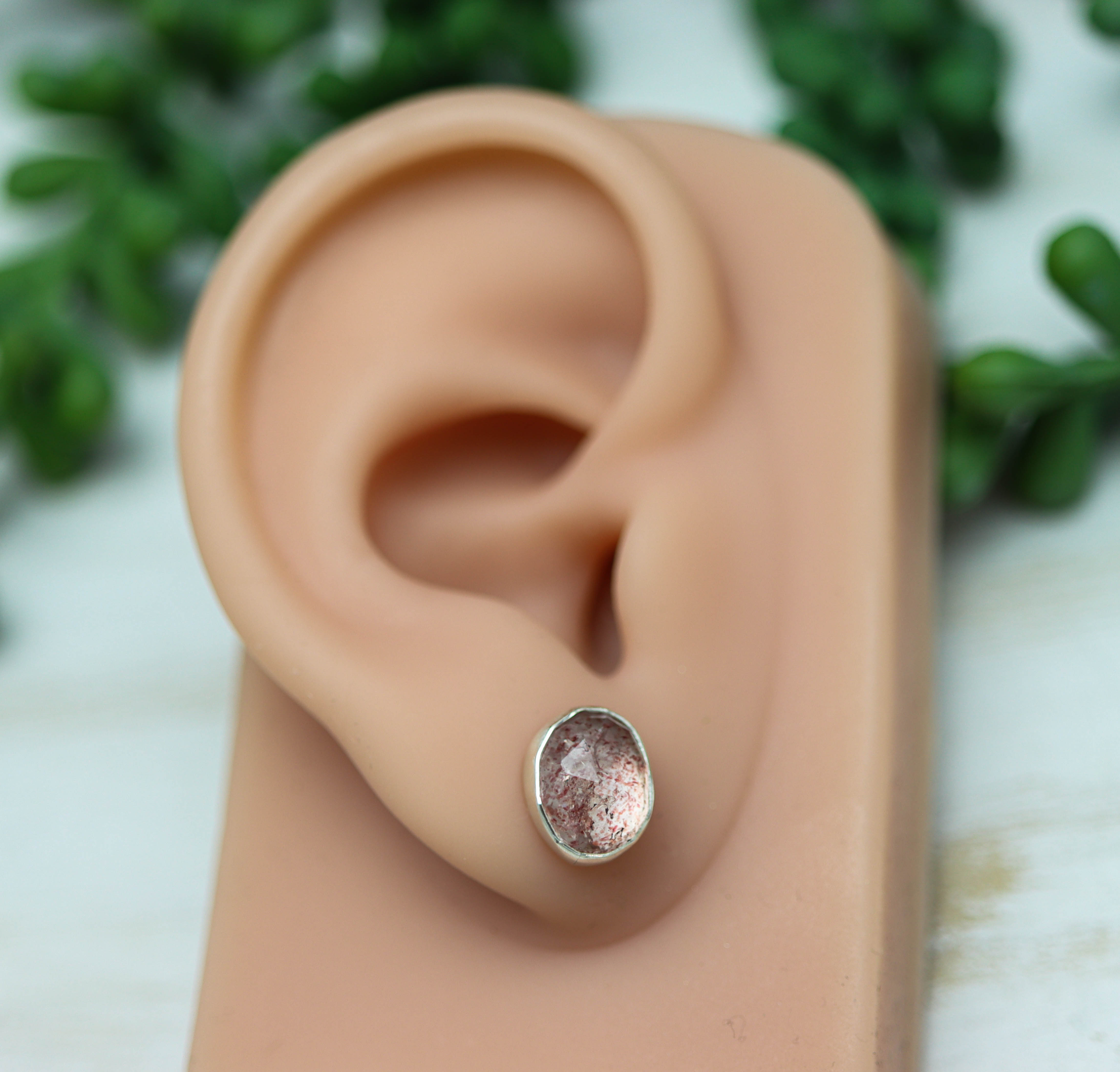 Strawberry Quartz Stud Earrings Sterling Silver