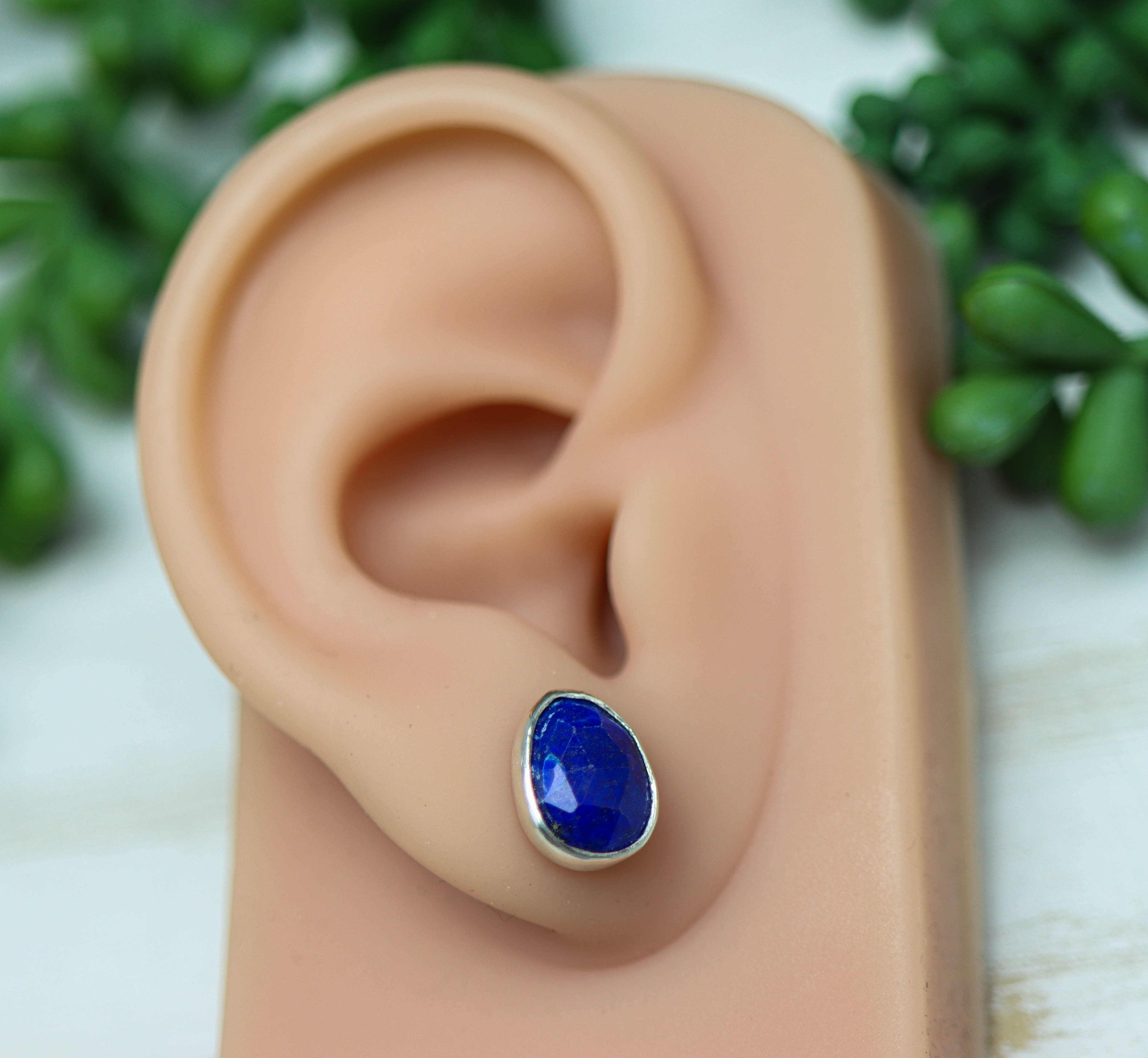 Blue Lapis Lazuli Stud Earrings Sterling Silver