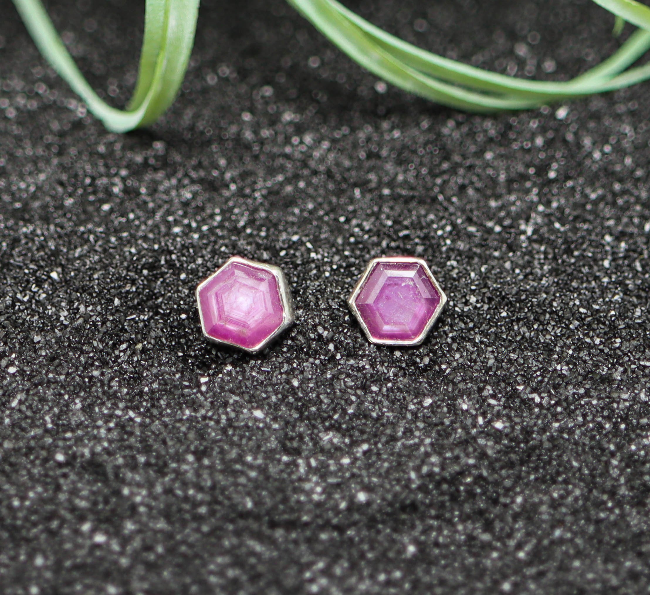 Ruby Hexagon Stud Earrings Sterling Silver