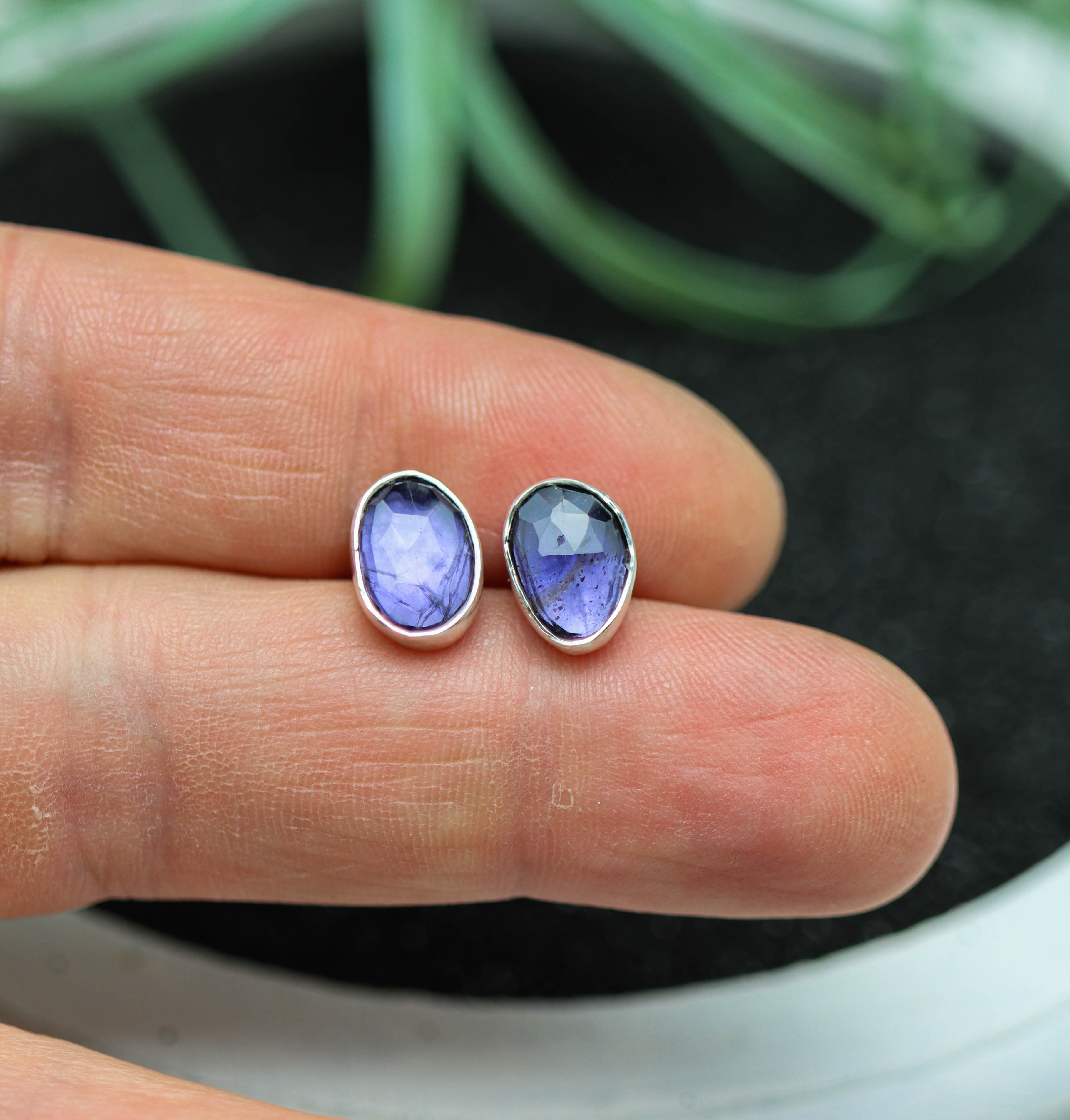 Blue Violet Iolite Stud Earrings Sterling Silver