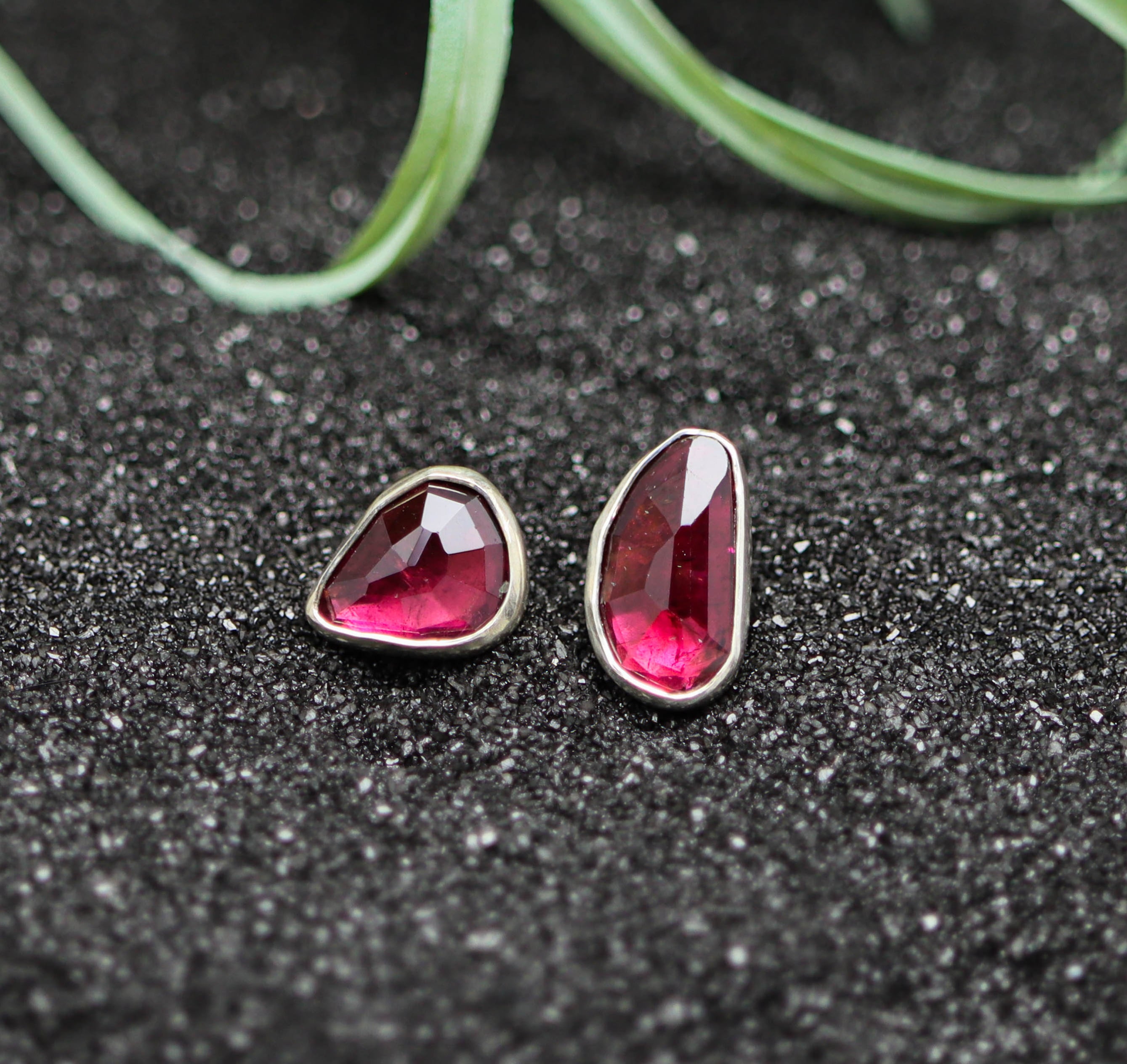 Dark Pink Tourmaline Mismatched Stud Earrings Sterling Silver