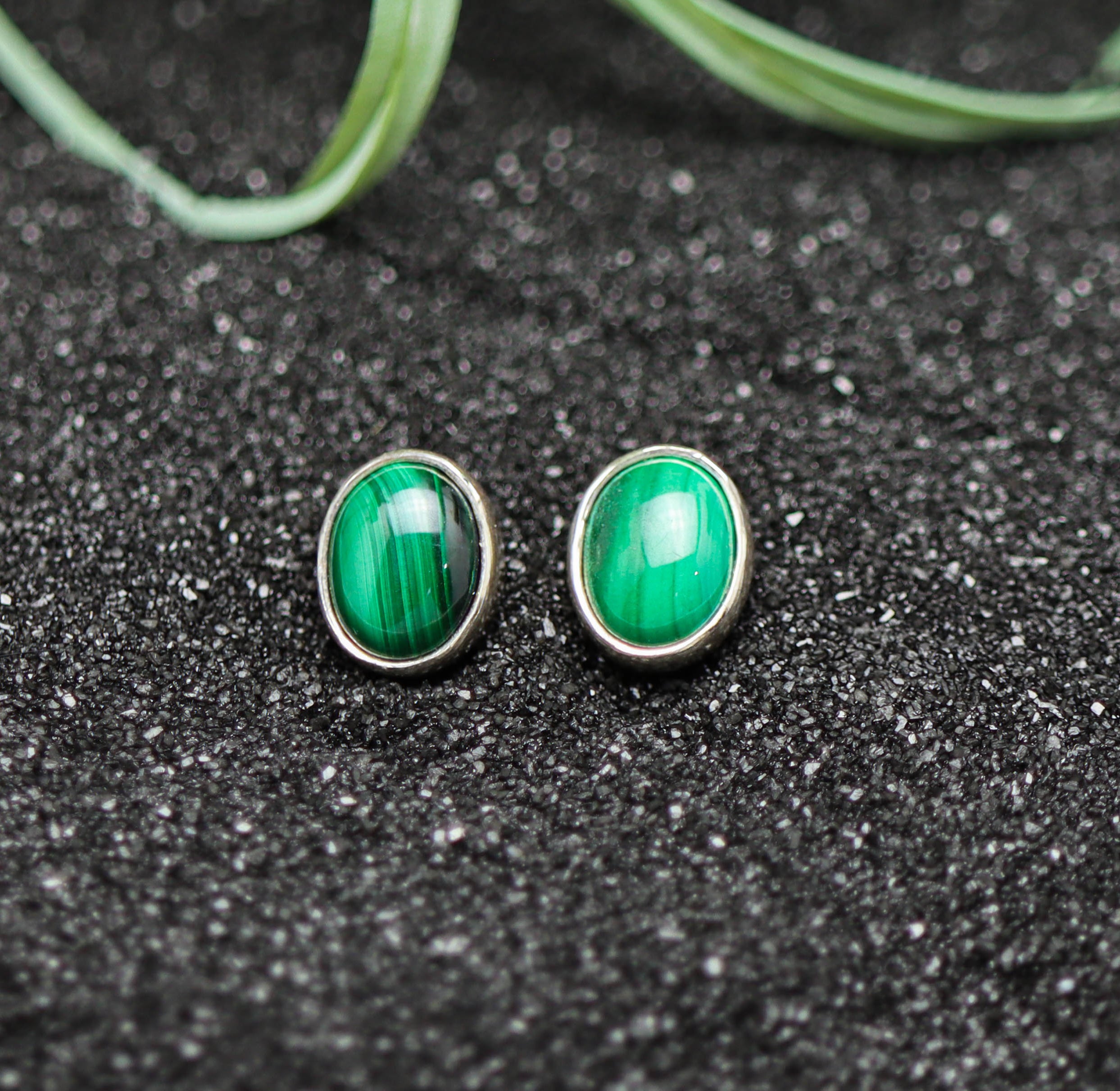 Green Malachite Stud Earrings Sterling Silver