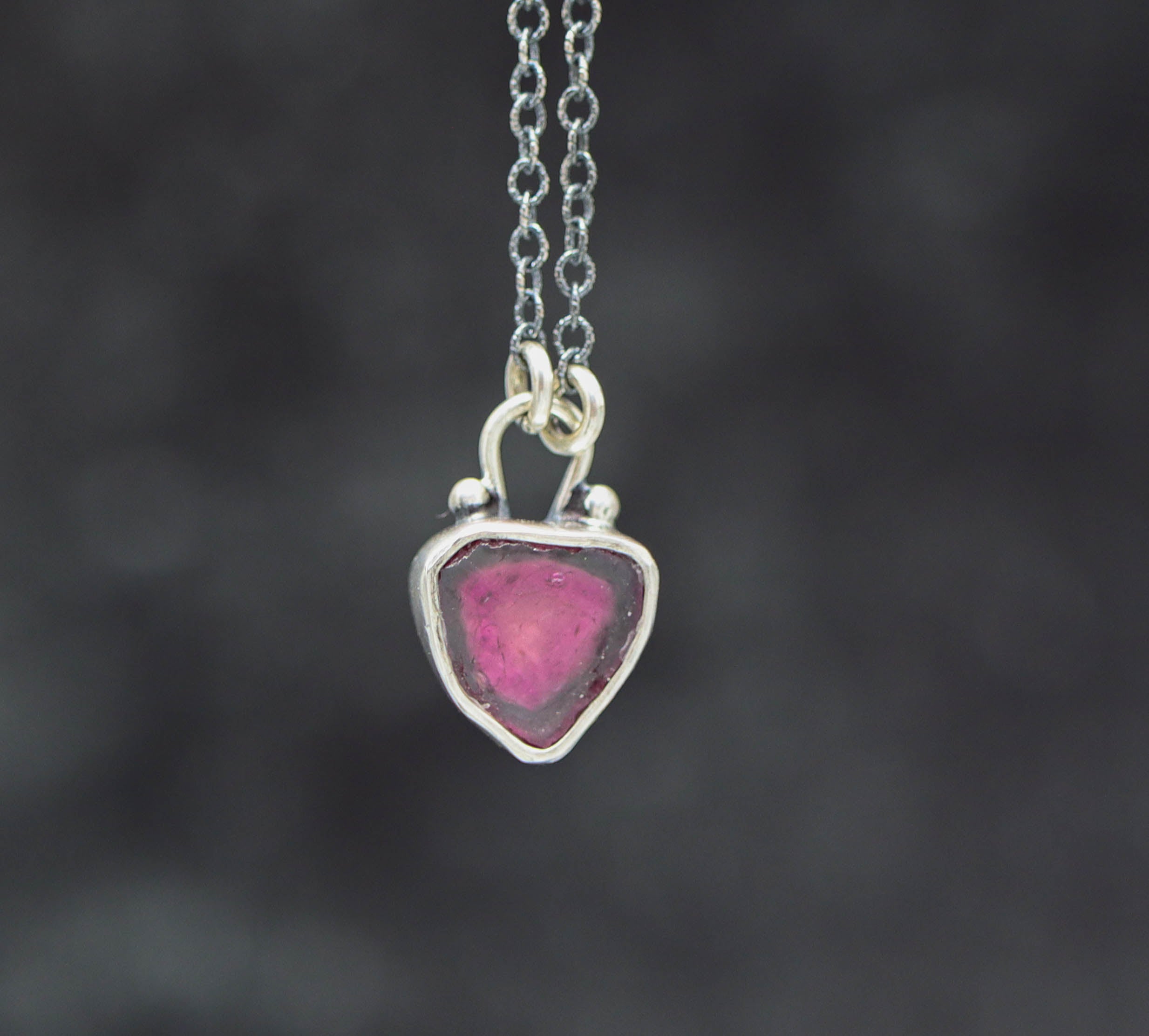 Raw Watermelon Tourmaline Slice Pendant Necklace Sterling Silver