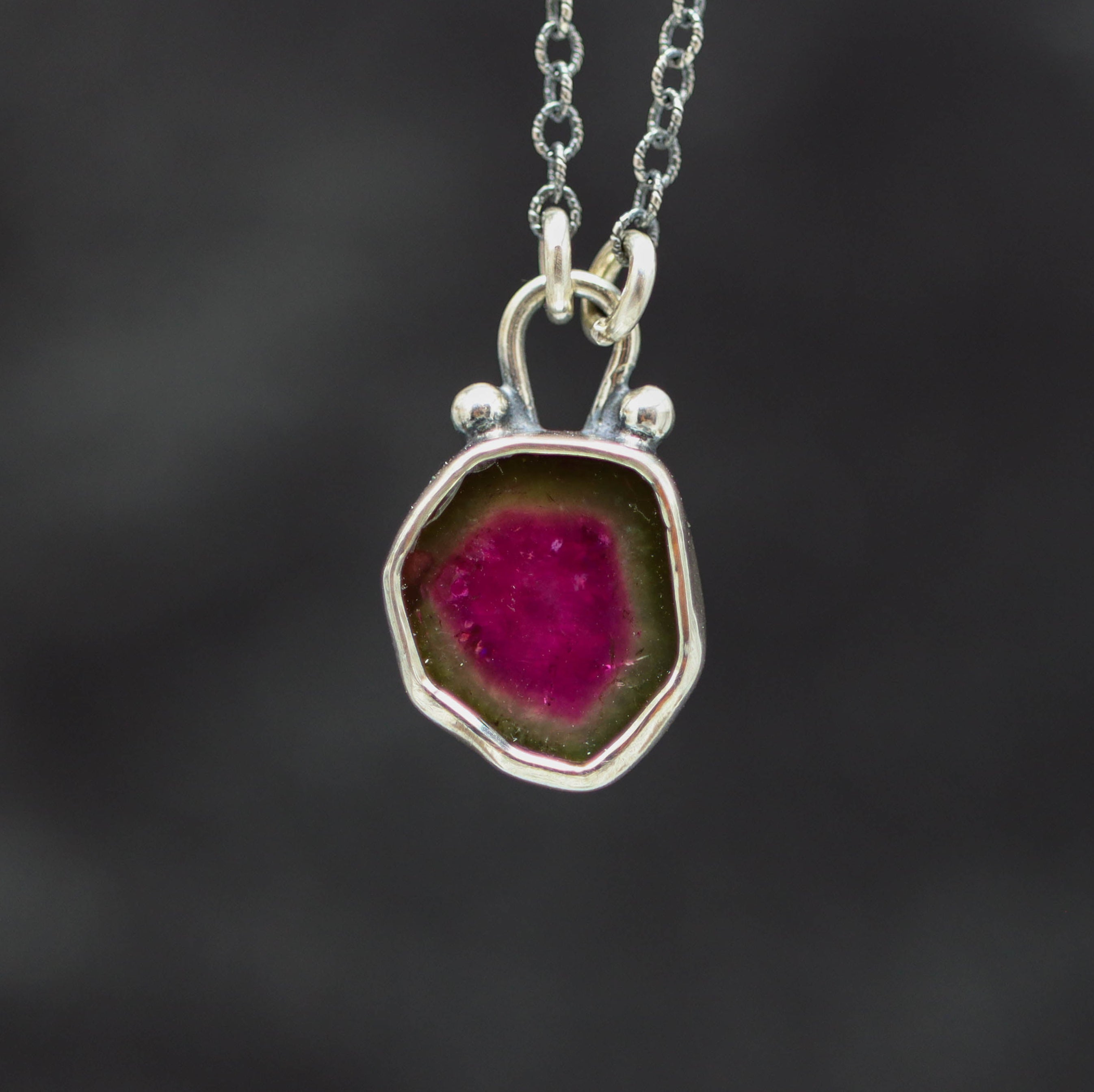Raw Watermelon Tourmaline Slice Pendant Necklace Sterling Silver