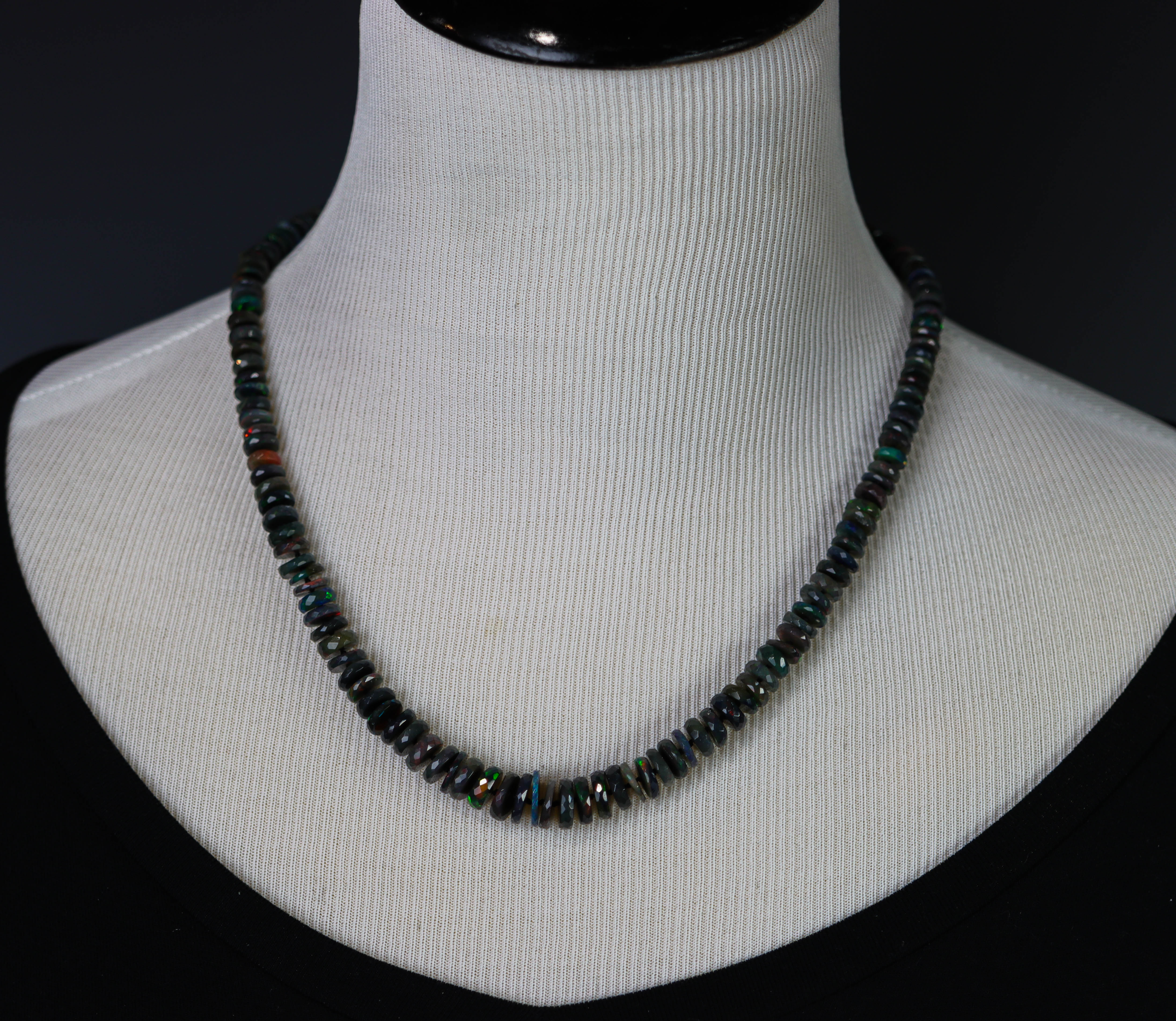 Black Opal Hand Knotted Bead Necklace Sterling Silver