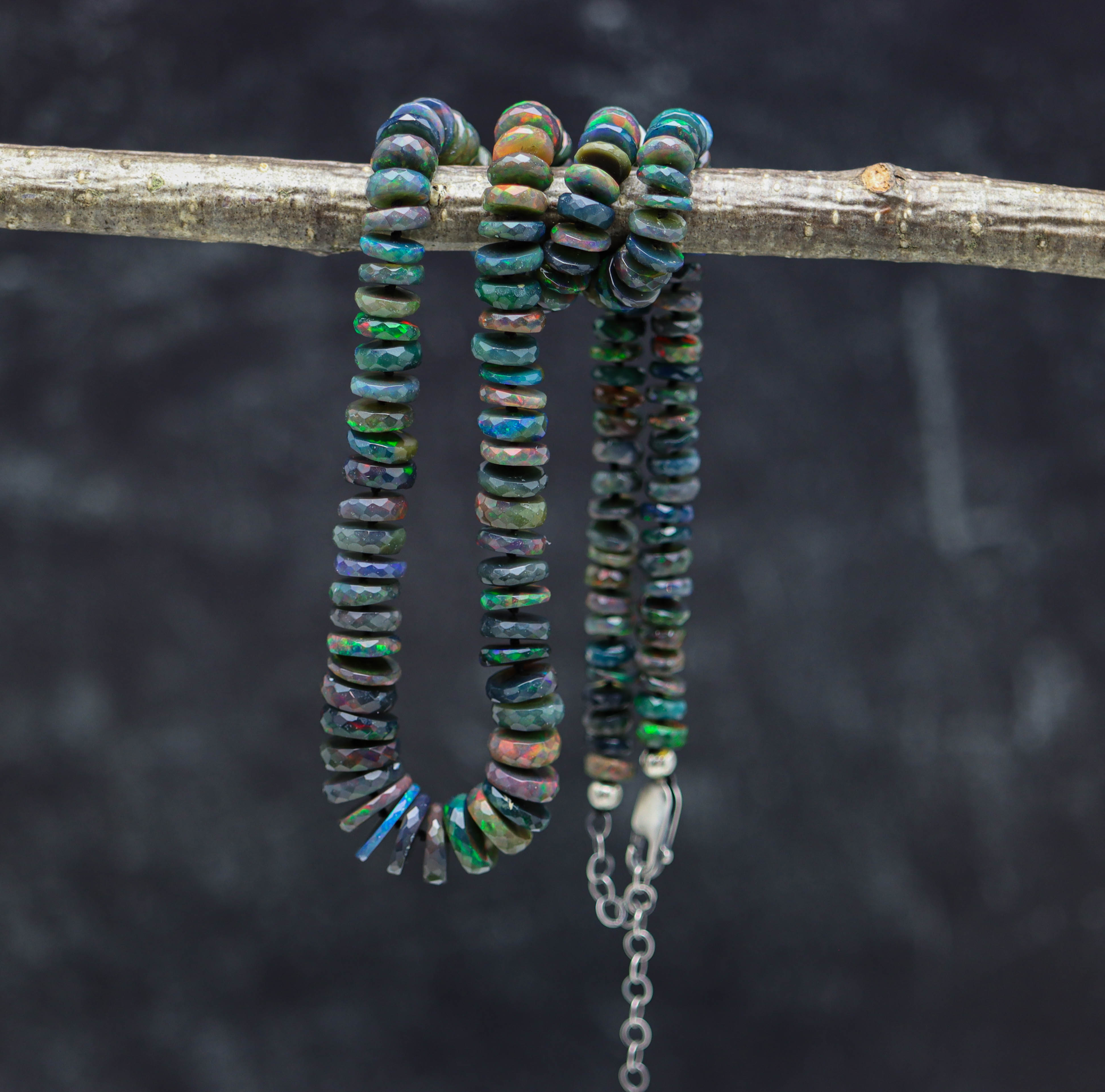 Black Opal Hand Knotted Bead Necklace Sterling Silver