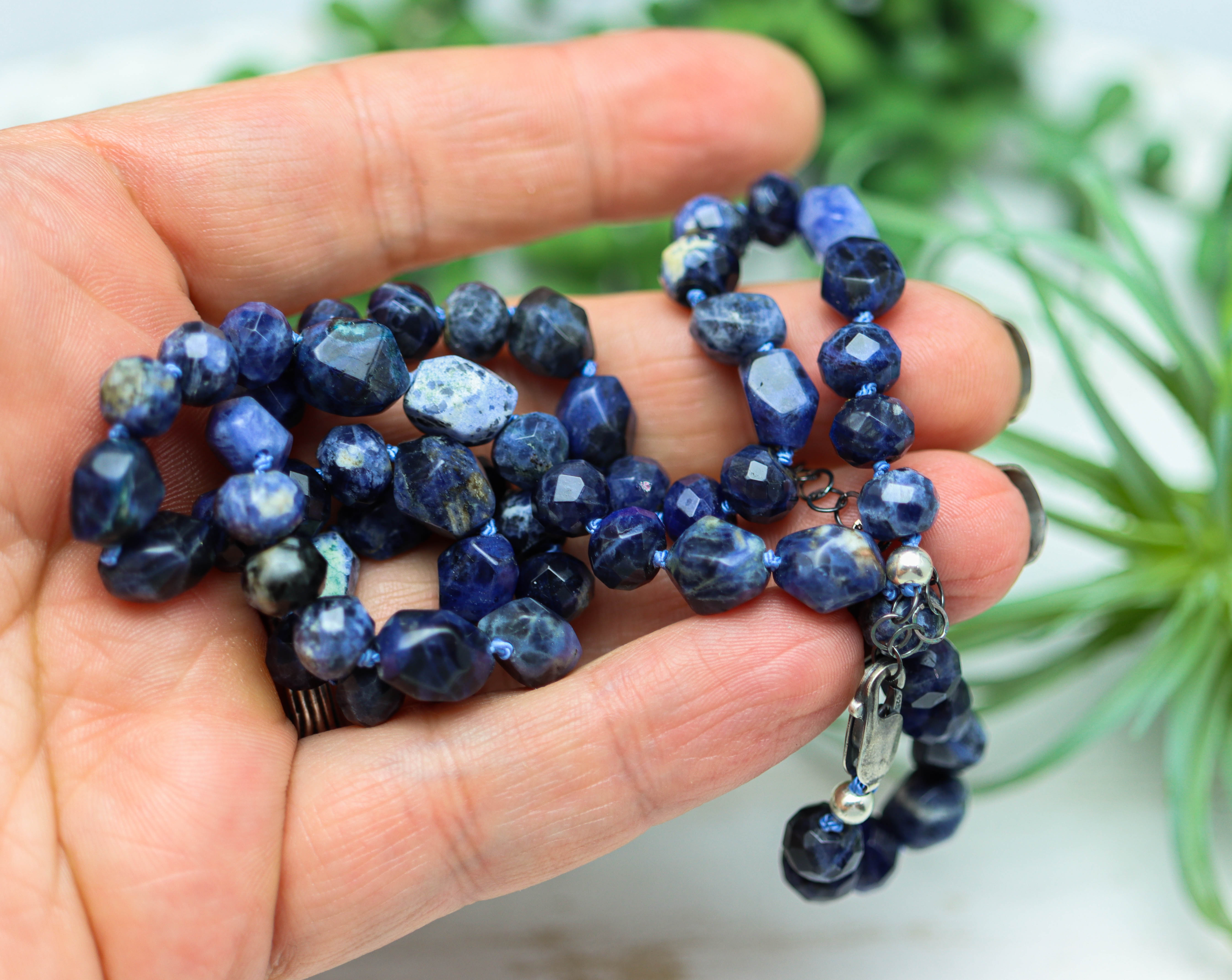 Blue Sodalite Hand Knotted Bead Necklace Sterling Silver