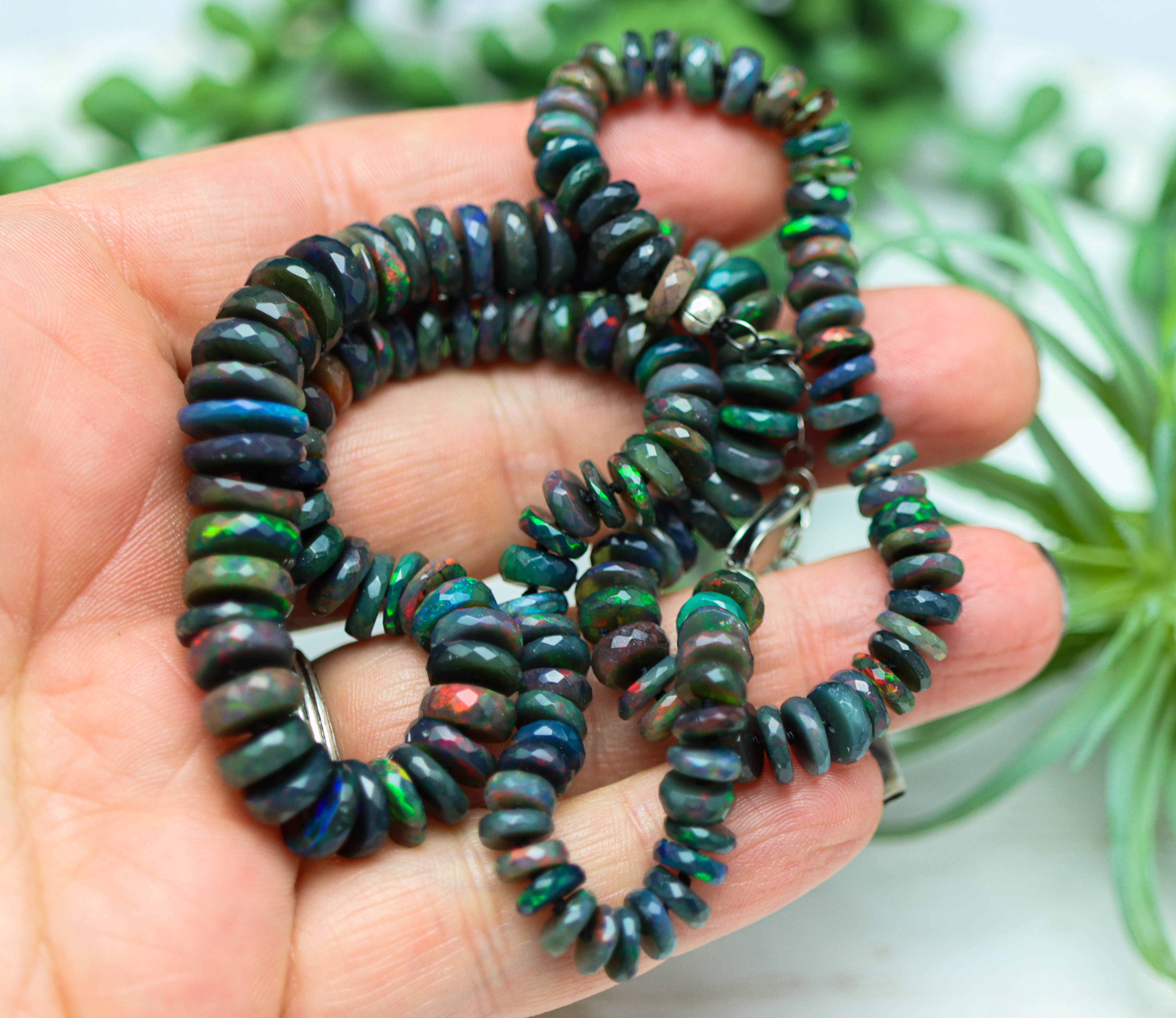 Black Opal Hand Knotted Bead Necklace Sterling Silver