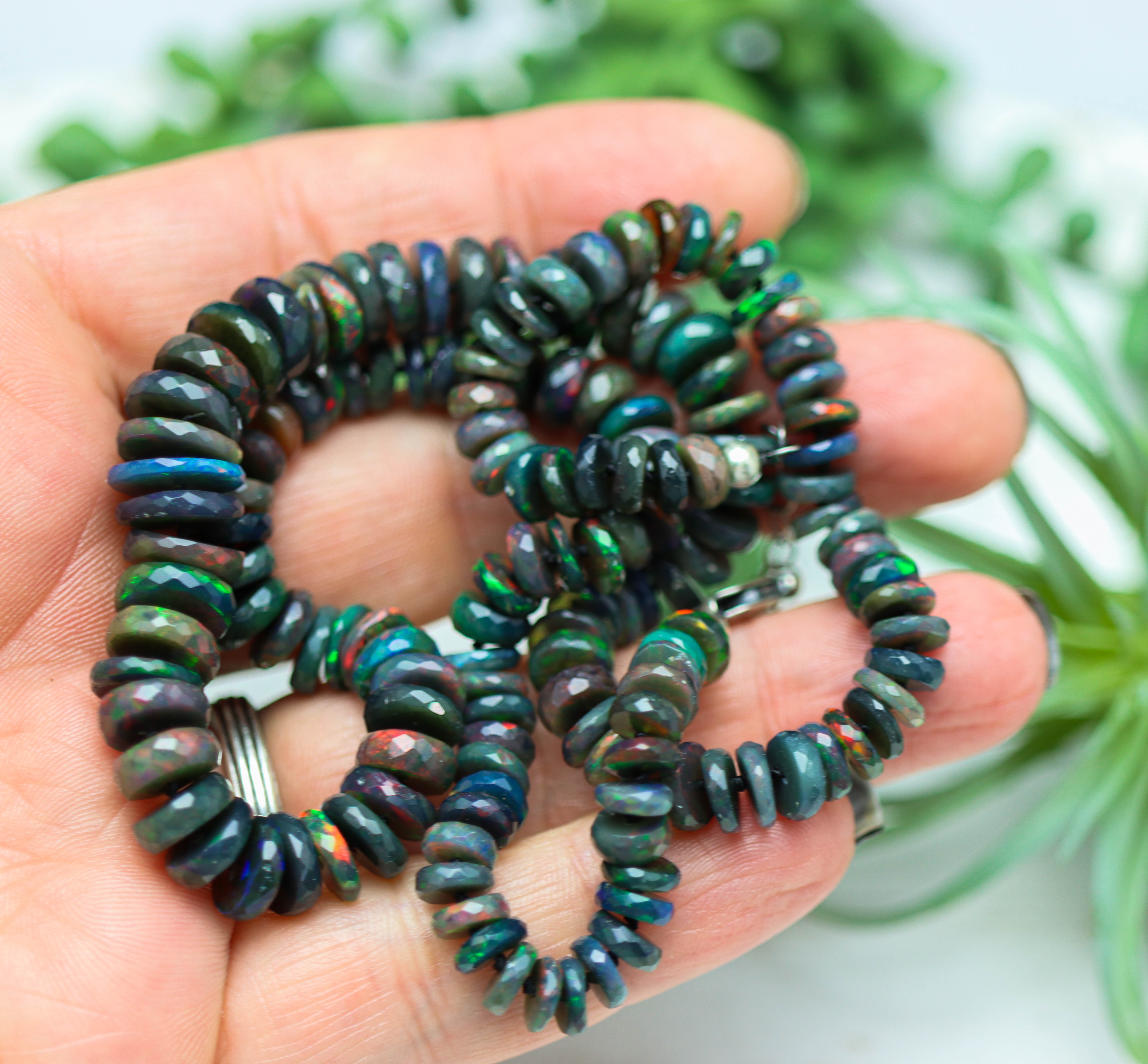 Black Opal Hand Knotted Bead Necklace Sterling Silver