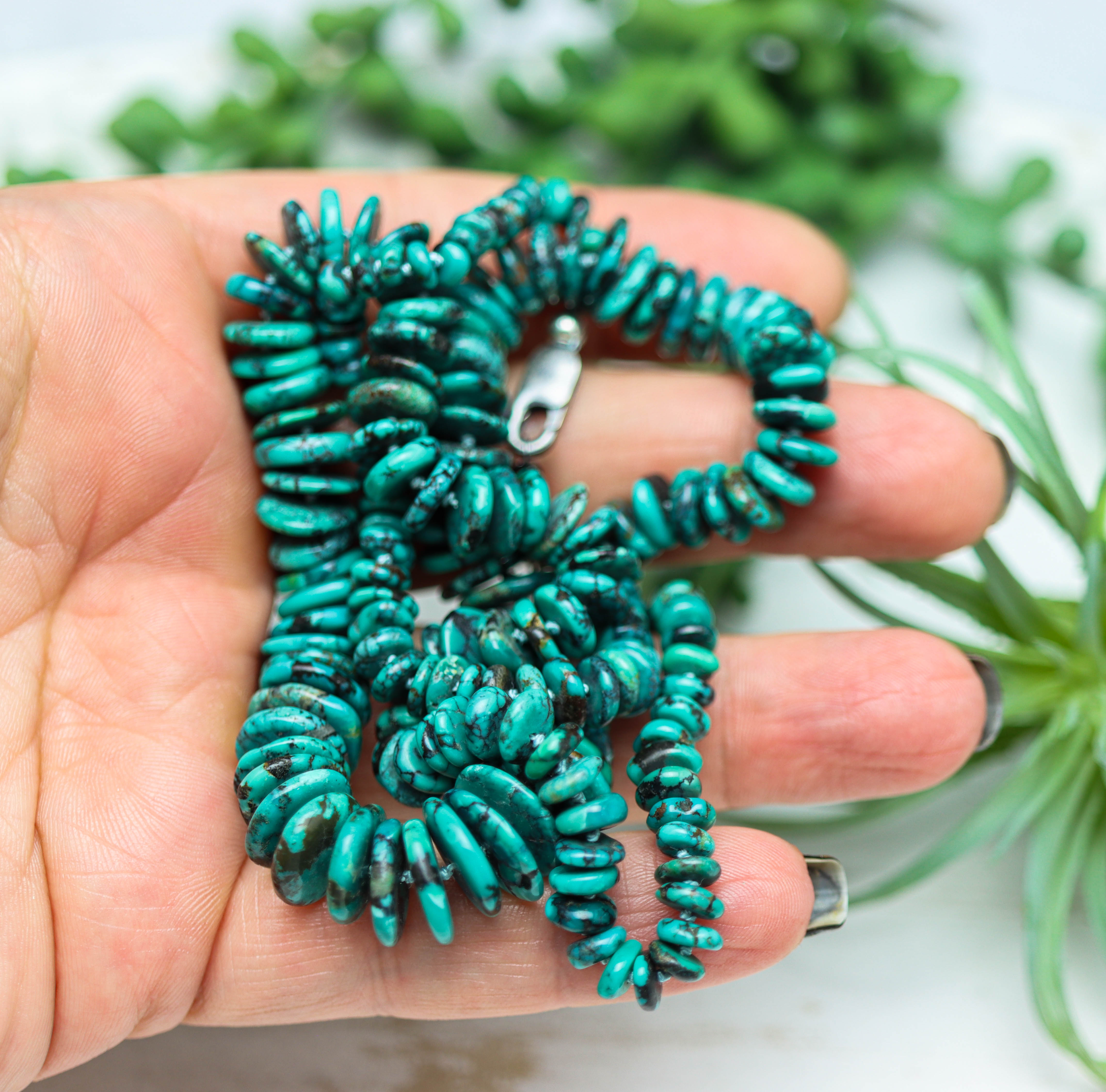 Turquoise Hand Knotted Bead Necklace Sterling Silver