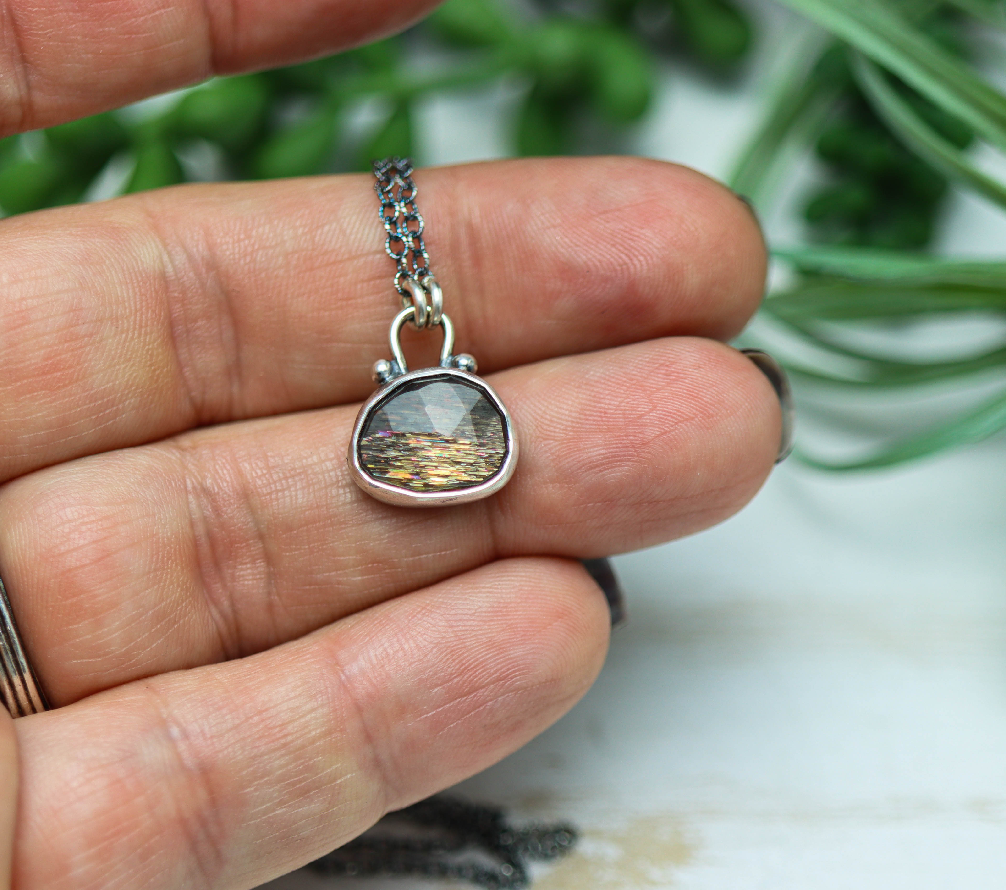 African Fire Sunstone Pendant Necklace Sterling Silver