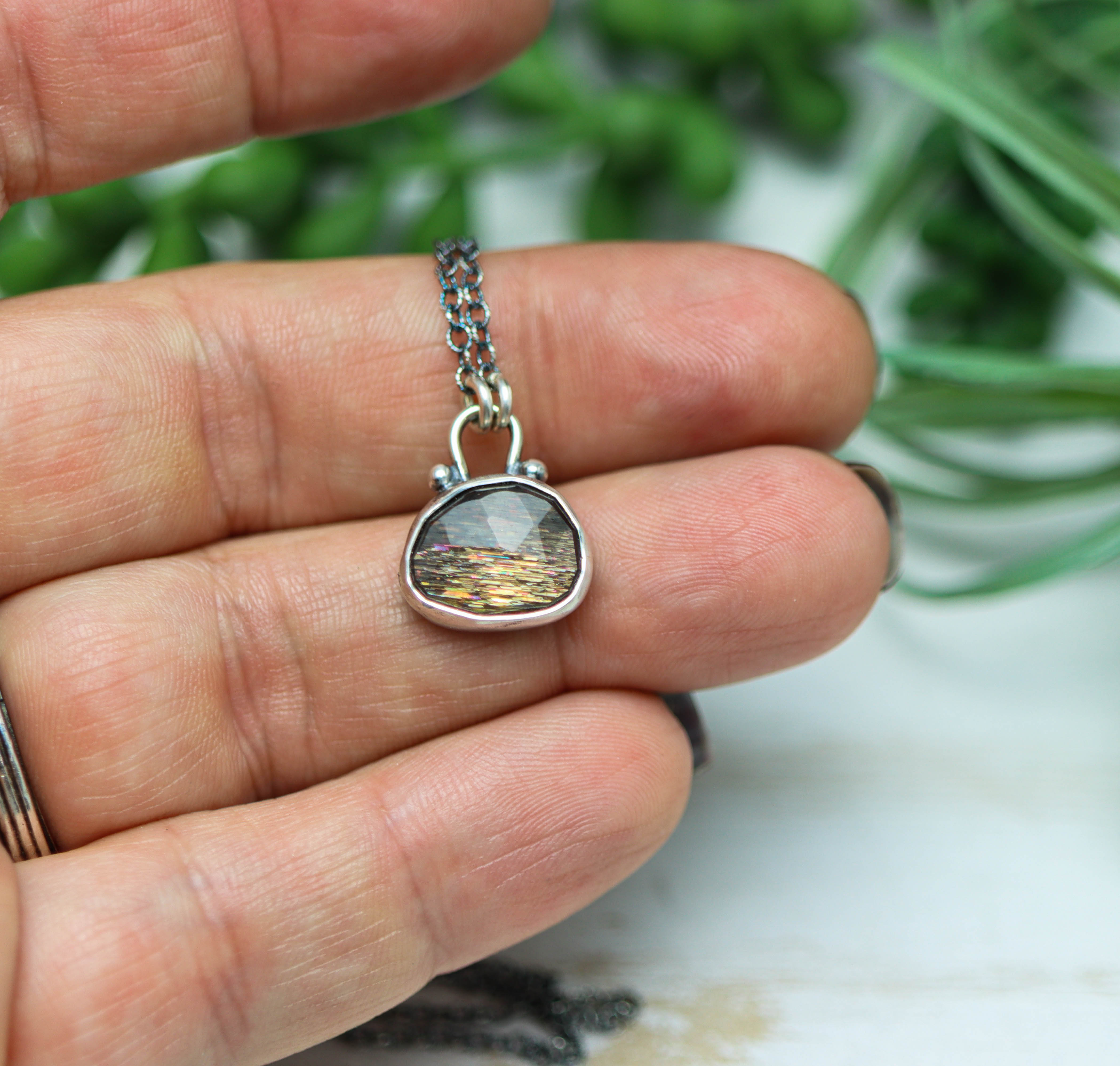 African Fire Sunstone Pendant Necklace Sterling Silver