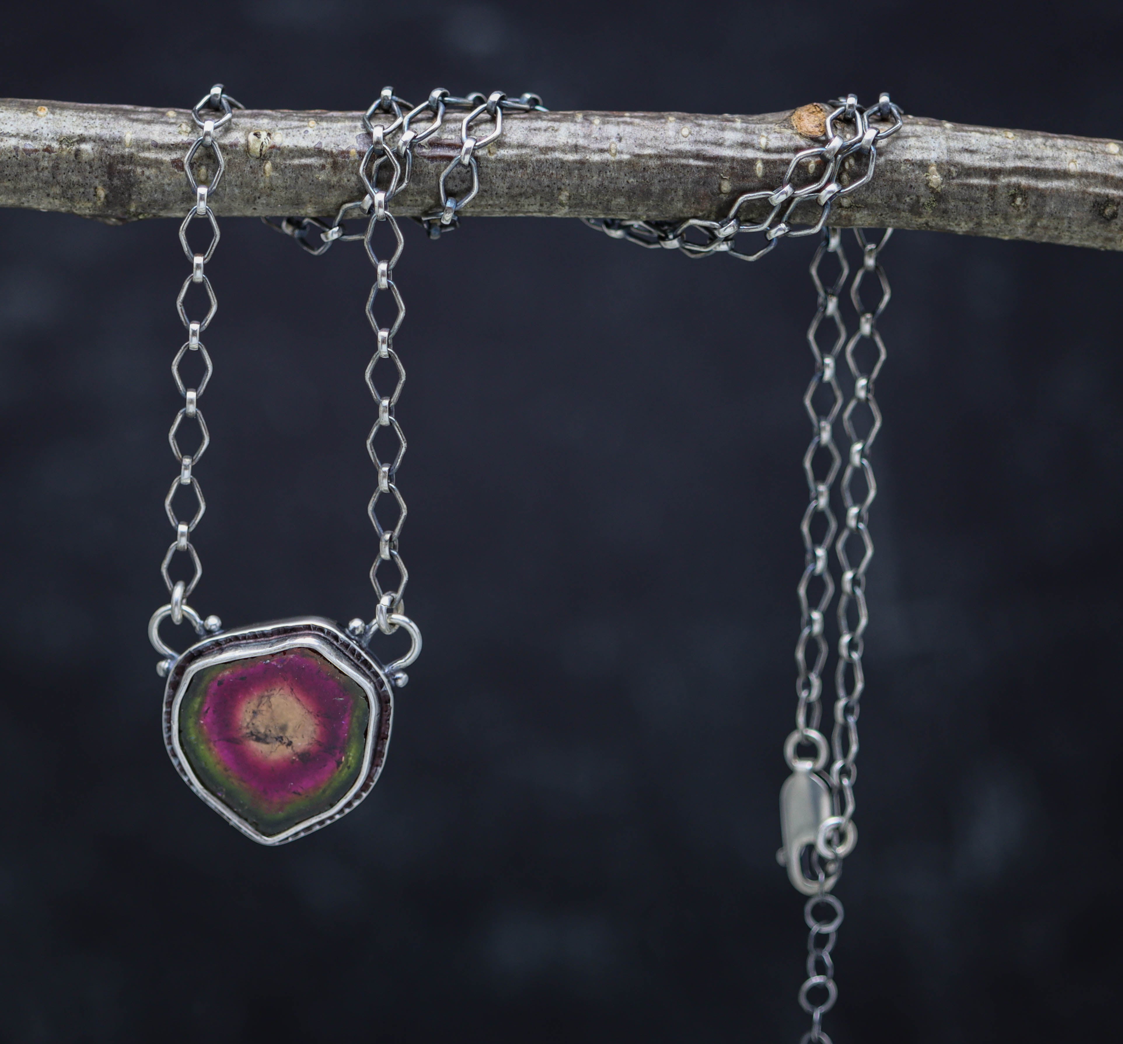 Raw Watermelon Tourmaline Slice Pendant Necklace Sterling Silver