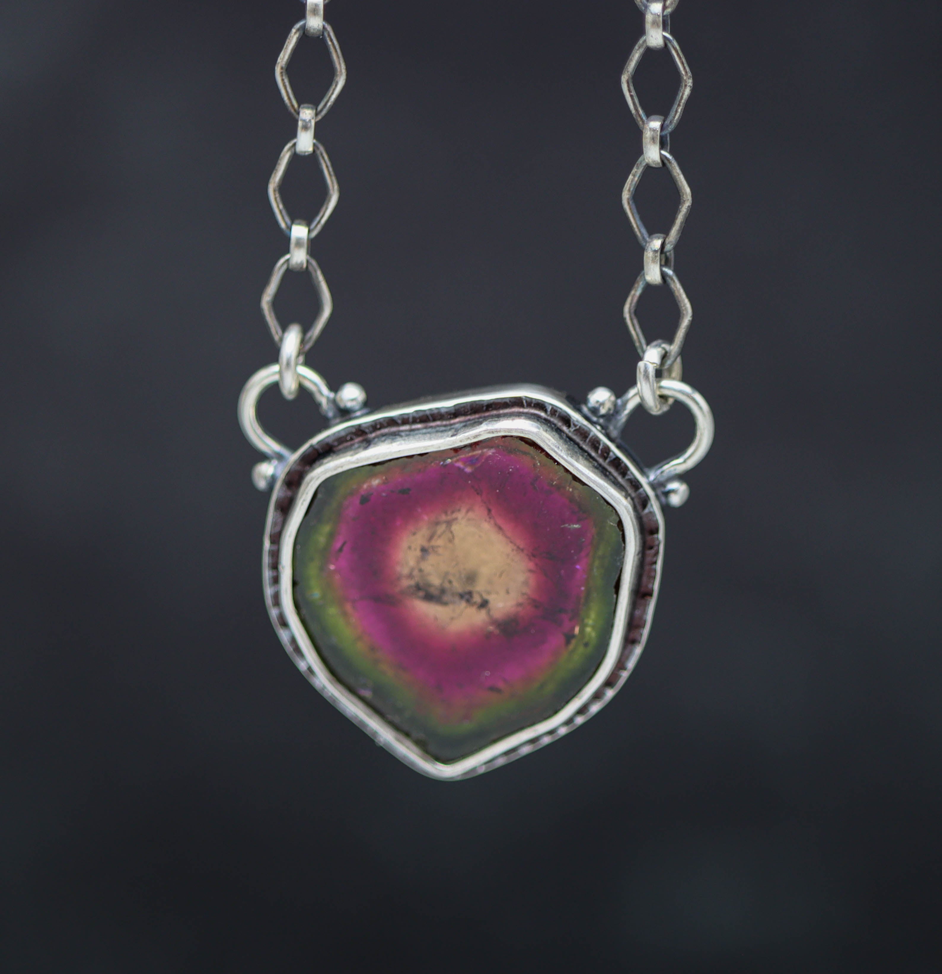 Raw Watermelon Tourmaline Slice Pendant Necklace Sterling Silver