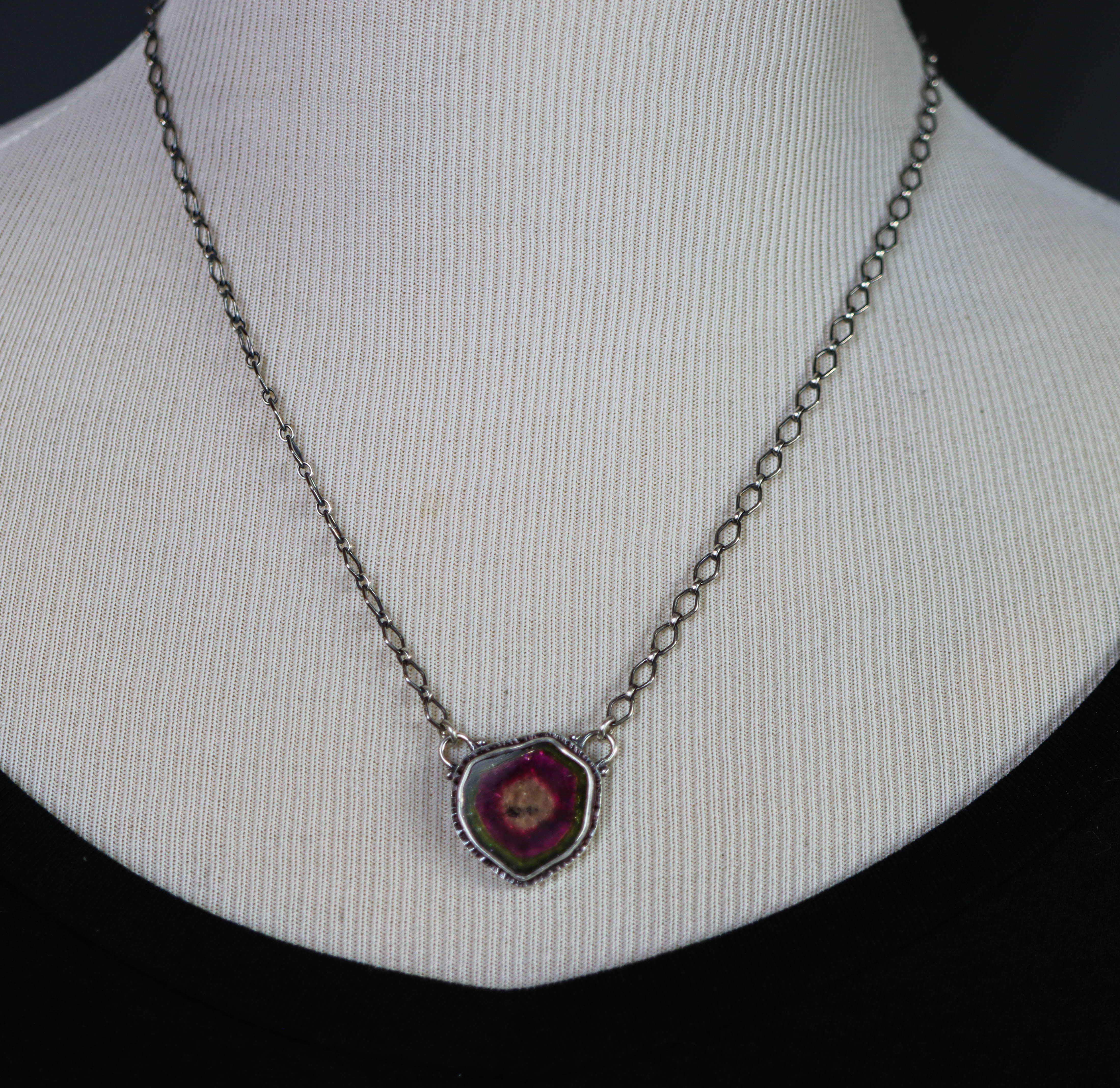 Raw Watermelon Tourmaline Slice Pendant Necklace Sterling Silver