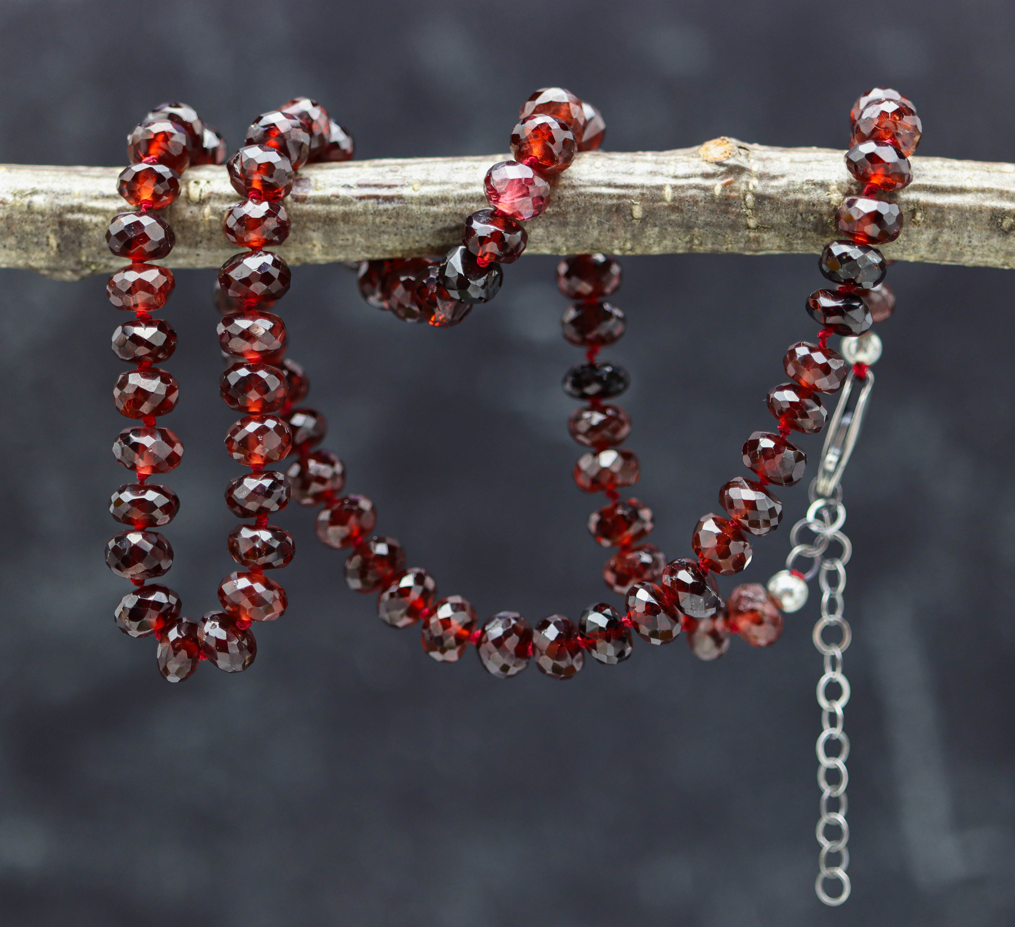 Rich Red Garnet Hand Knotted Bead Necklace Sterling Silver 18 inch