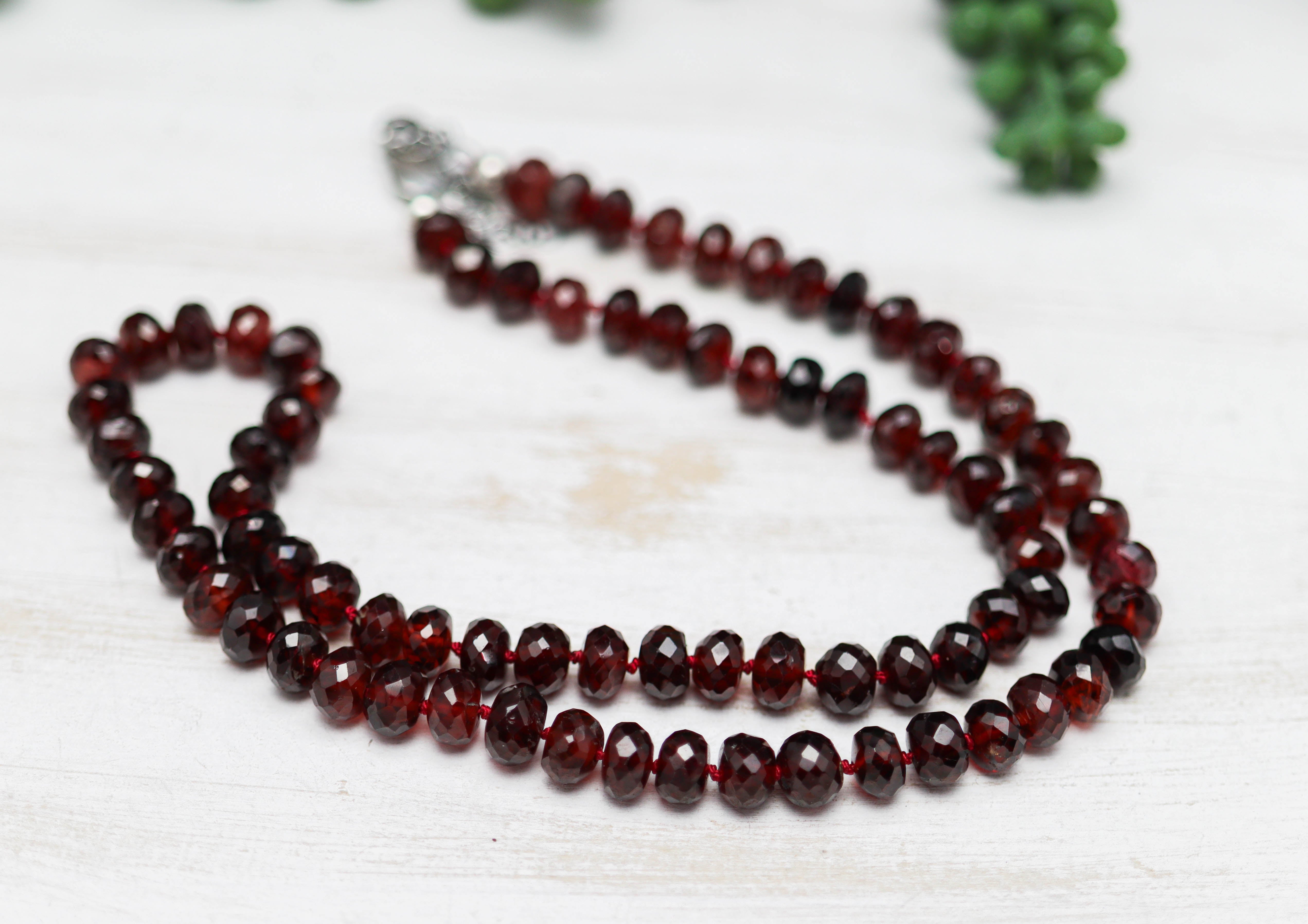 Rich Red Garnet Hand Knotted Bead Necklace Sterling Silver 18 inch