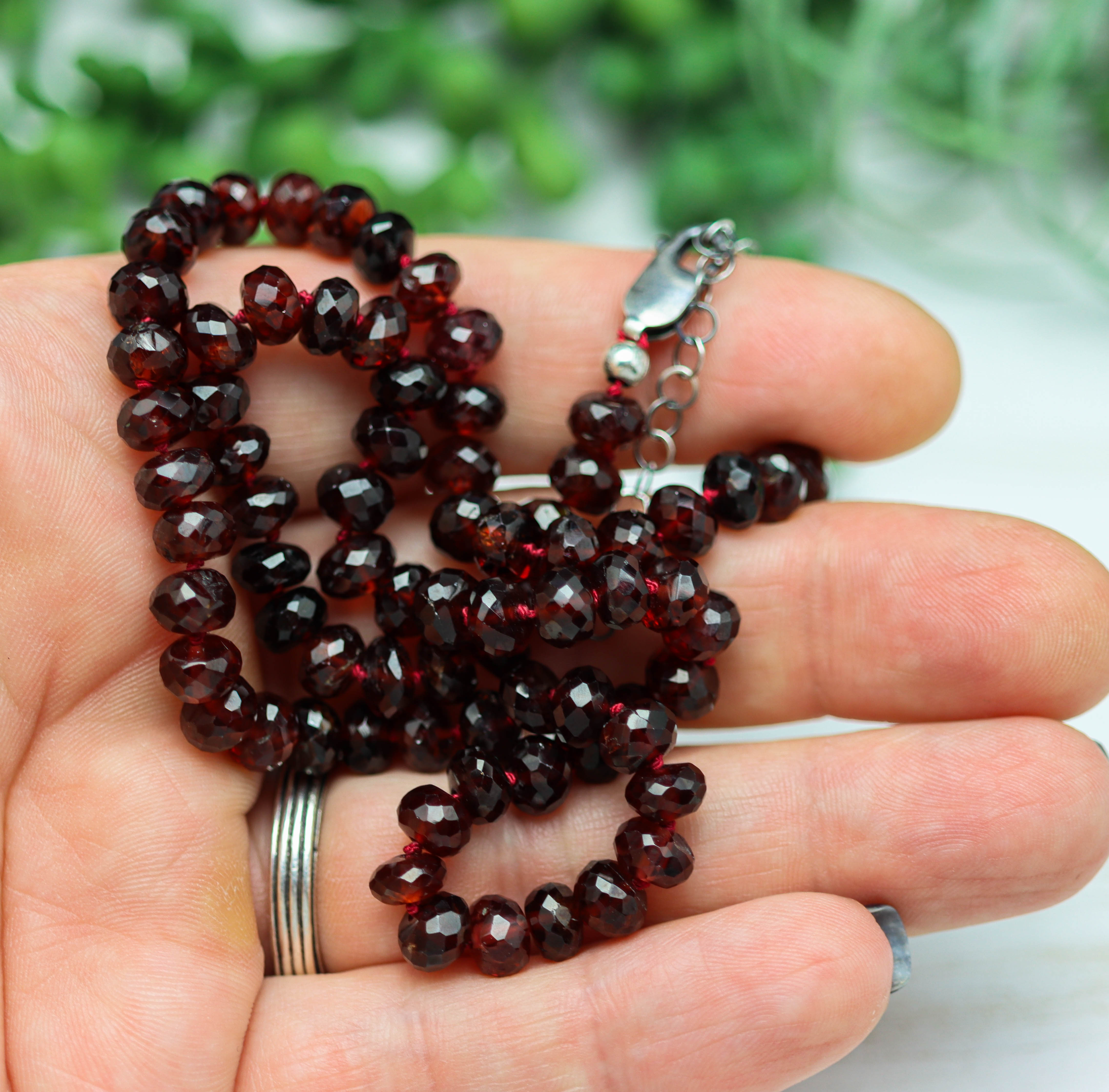 Rich Red Garnet Hand Knotted Bead Necklace Sterling Silver 18 inch