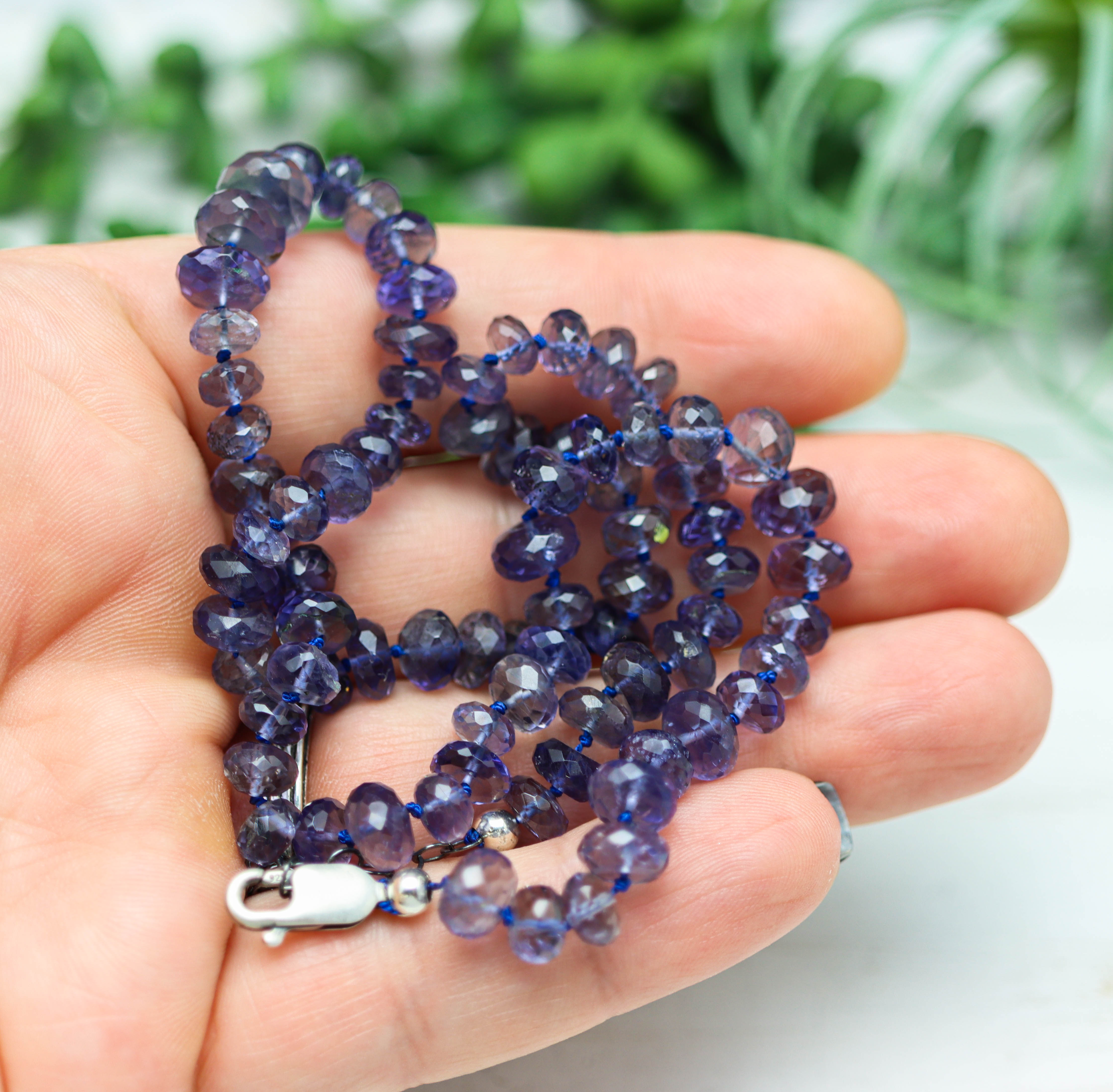 Blue Violet Iolite Hand Knotted Bead Necklace Sterling Silver 19 inch
