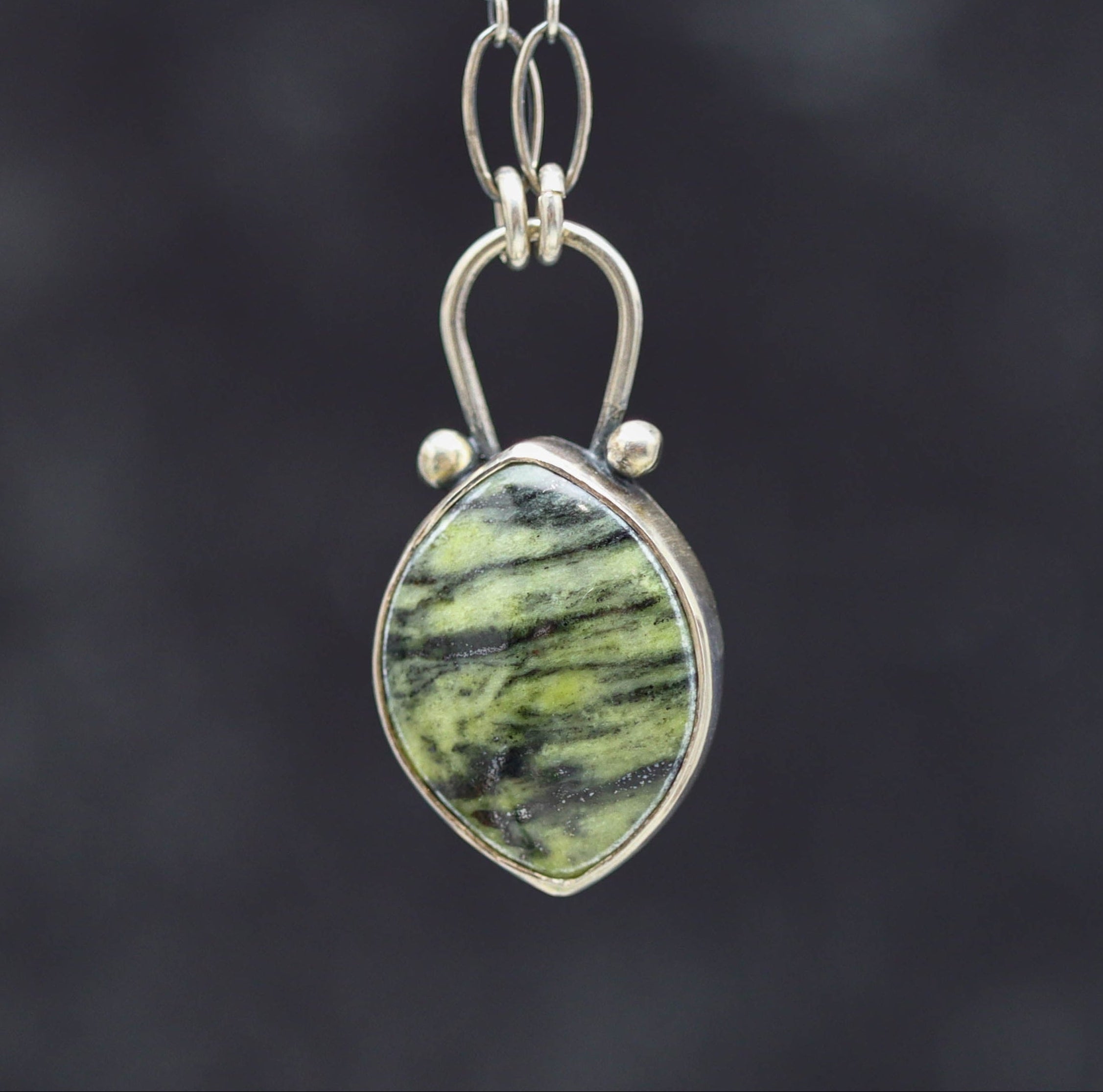 Green Serpentine Pendant Sterling Silver One Of a Kind Gemstone Necklace