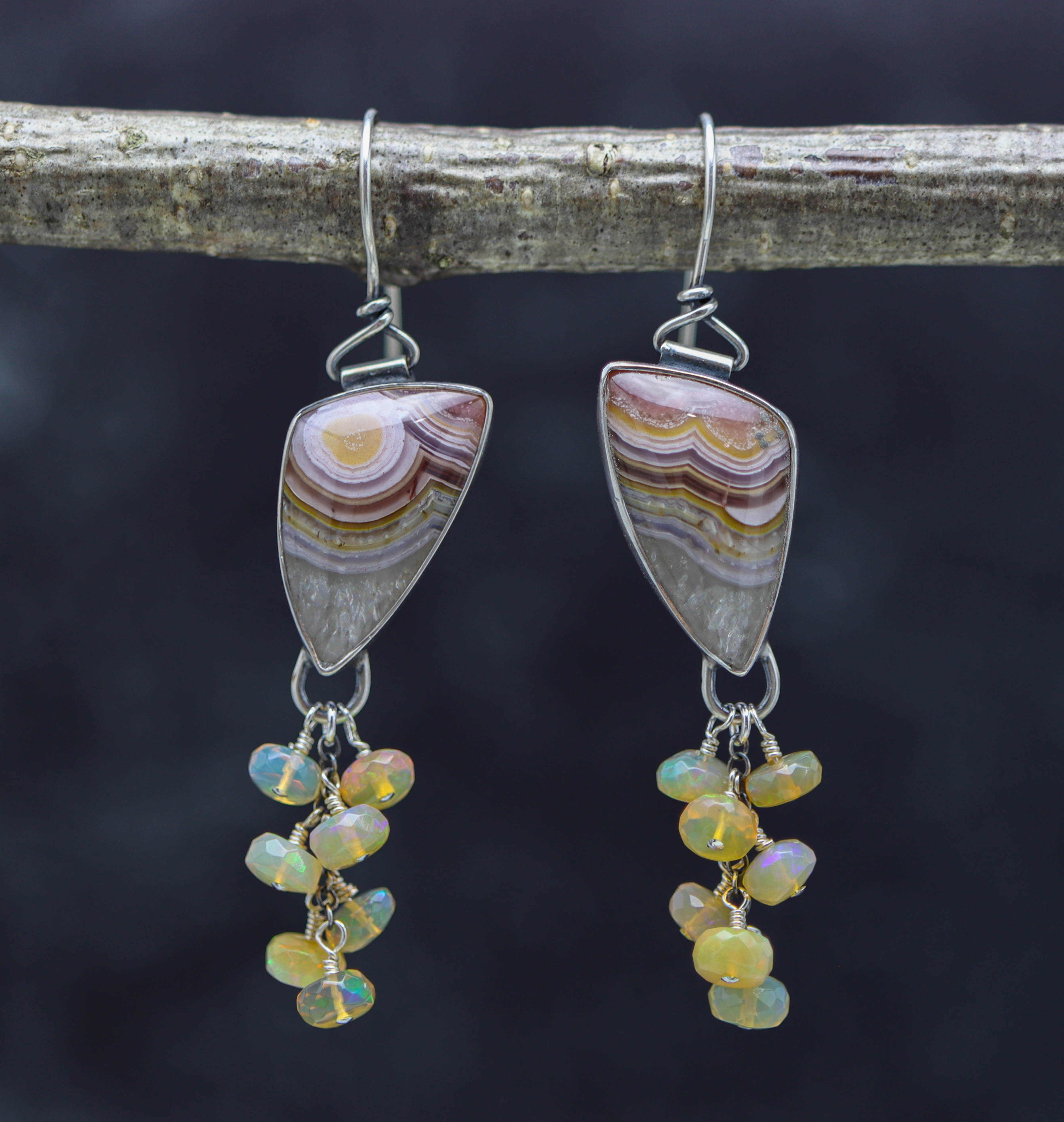 Laguna Agate and Ethiopian Opal Dangle Earrings Sterling Silver