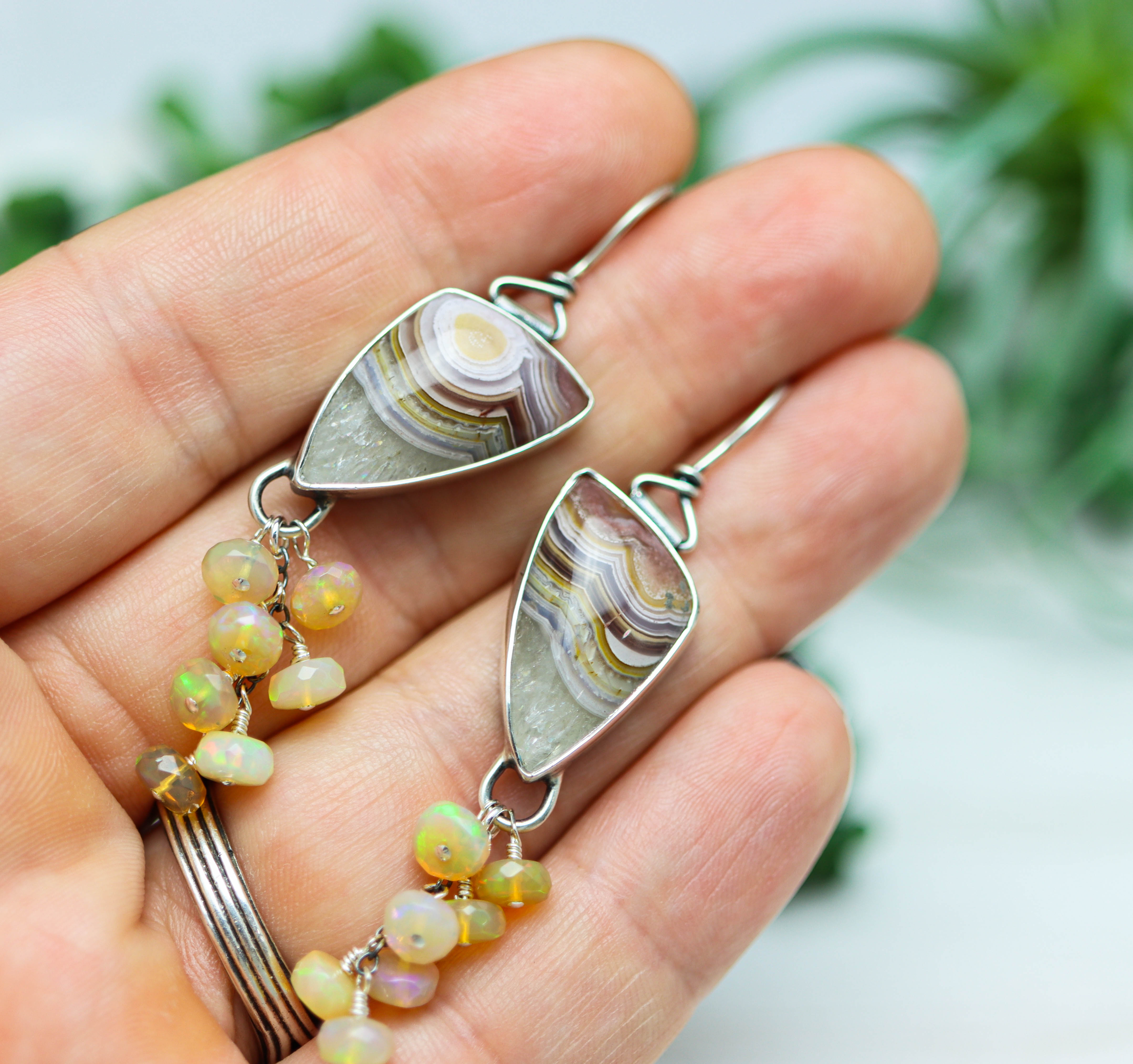 Laguna Agate and Ethiopian Opal Dangle Earrings Sterling Silver