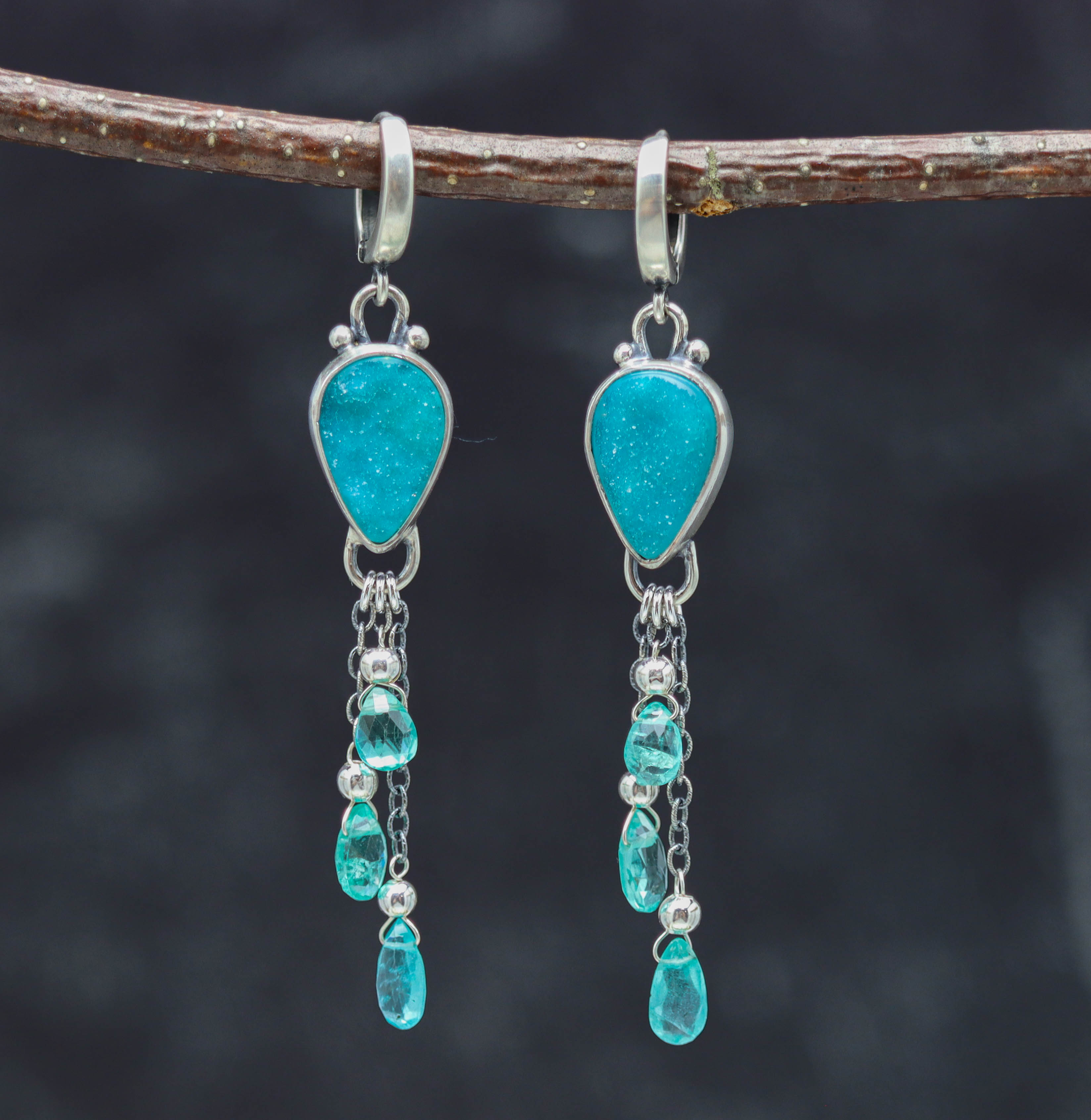 Chrysocolla Druzy and Apatite Sterling Silver Dangle Earrings