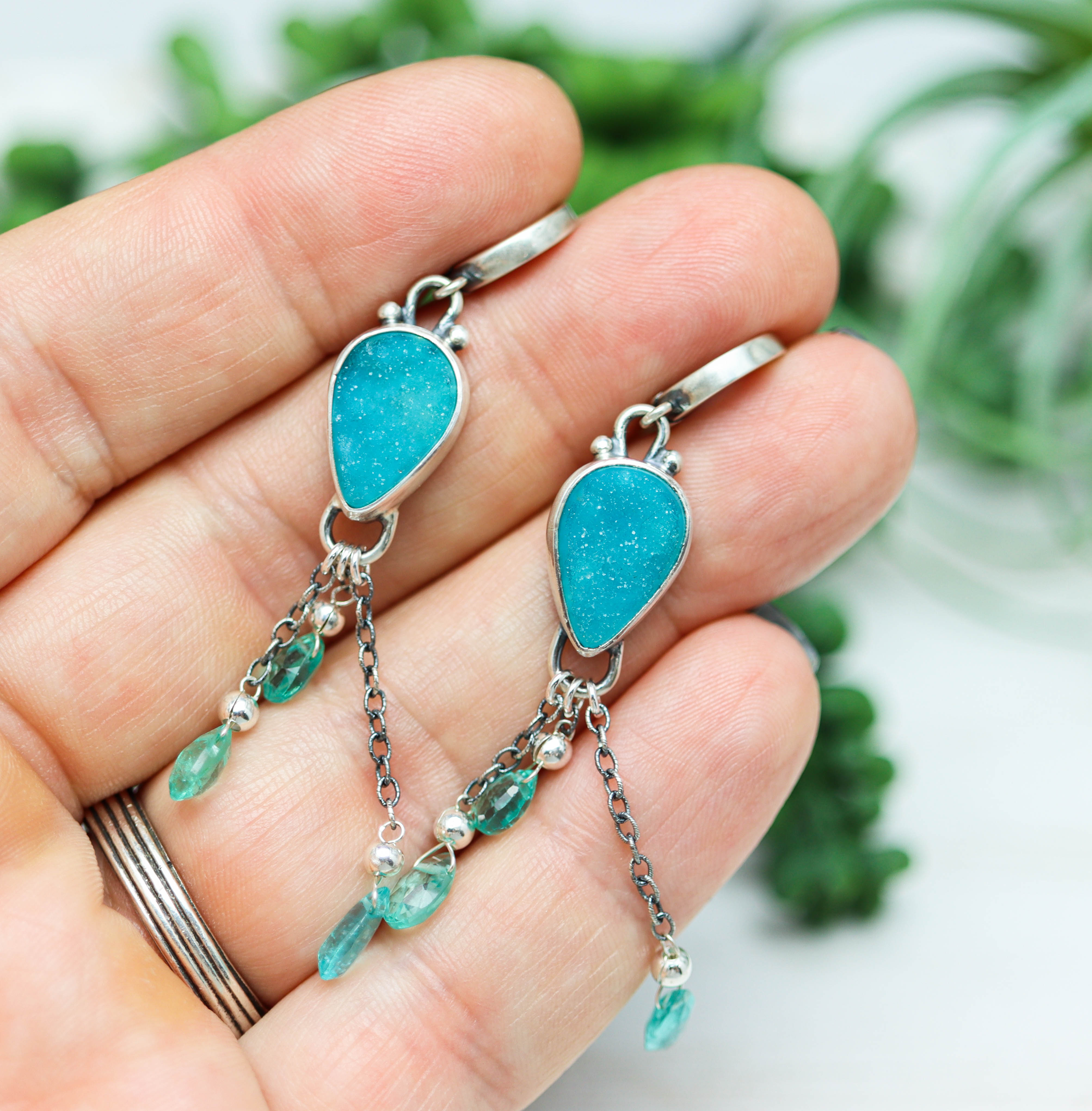 Chrysocolla Druzy and Apatite Sterling Silver Dangle Earrings