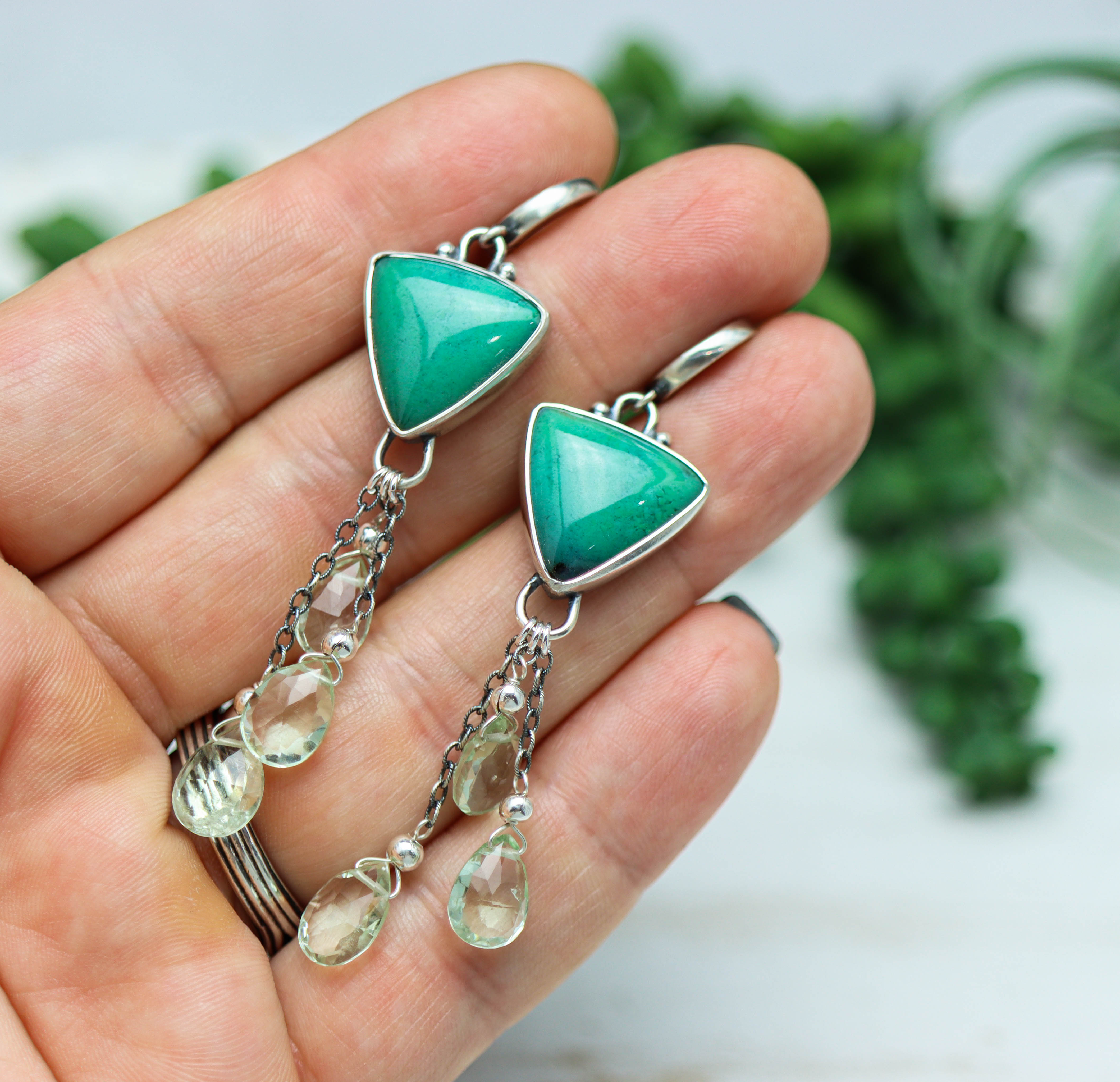 Opalized Chrysocolla and Prasiolite Sterling Silver Earrings