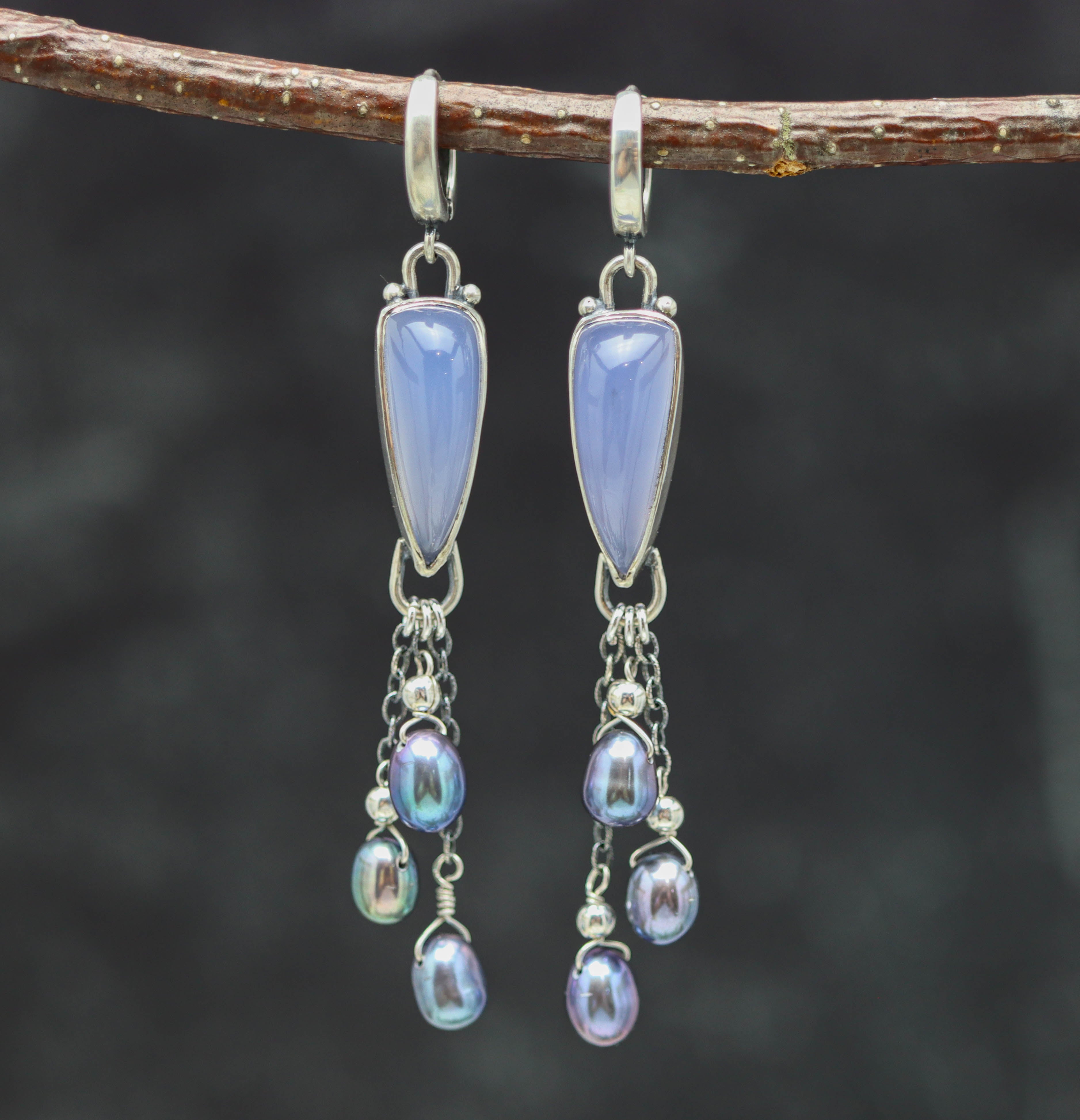 Blue Lavender Chalcedony and Peacock Pearls Sterling Silver Earrings