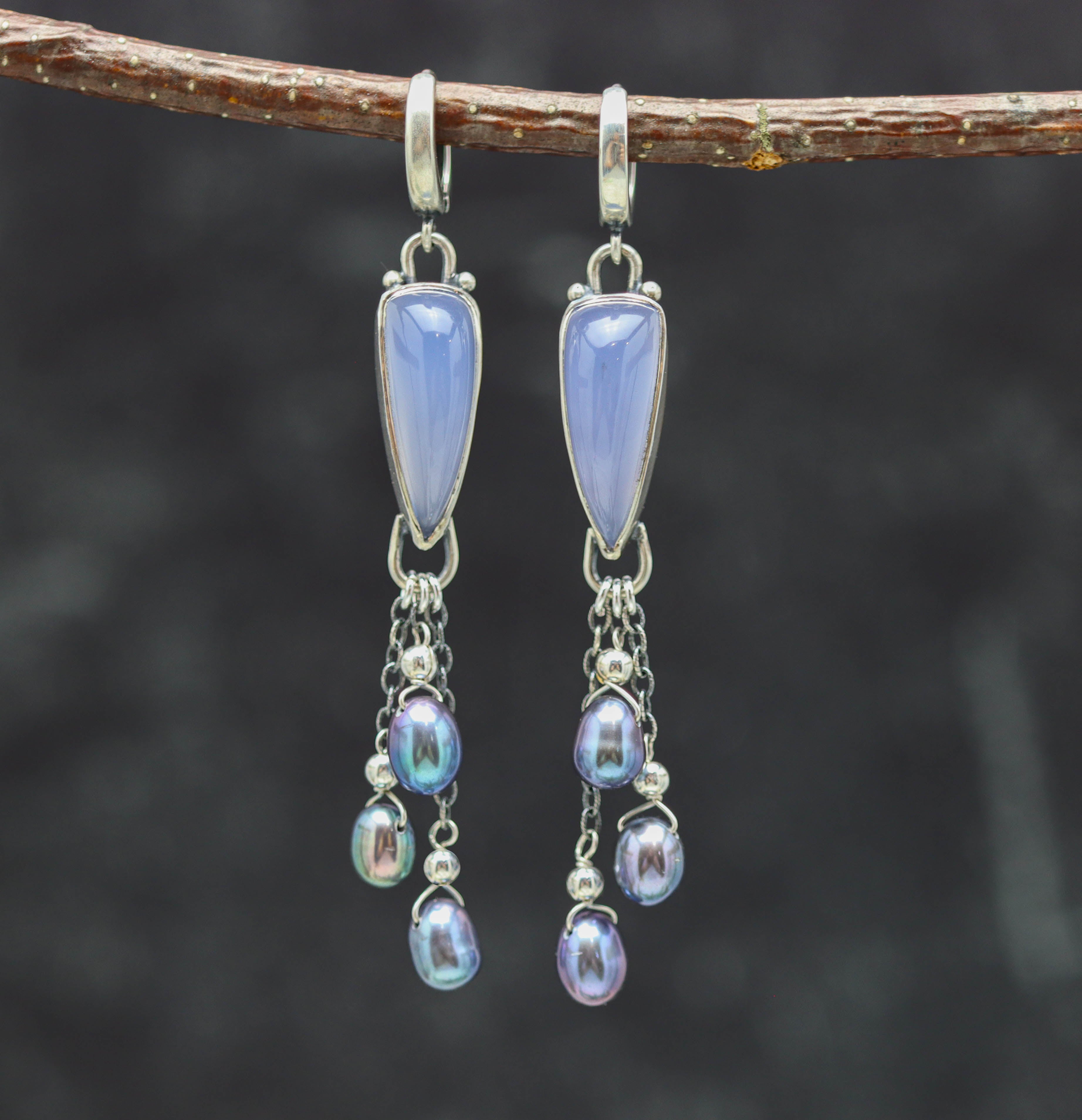 Blue Lavender Chalcedony and Peacock Pearls Sterling Silver Earrings