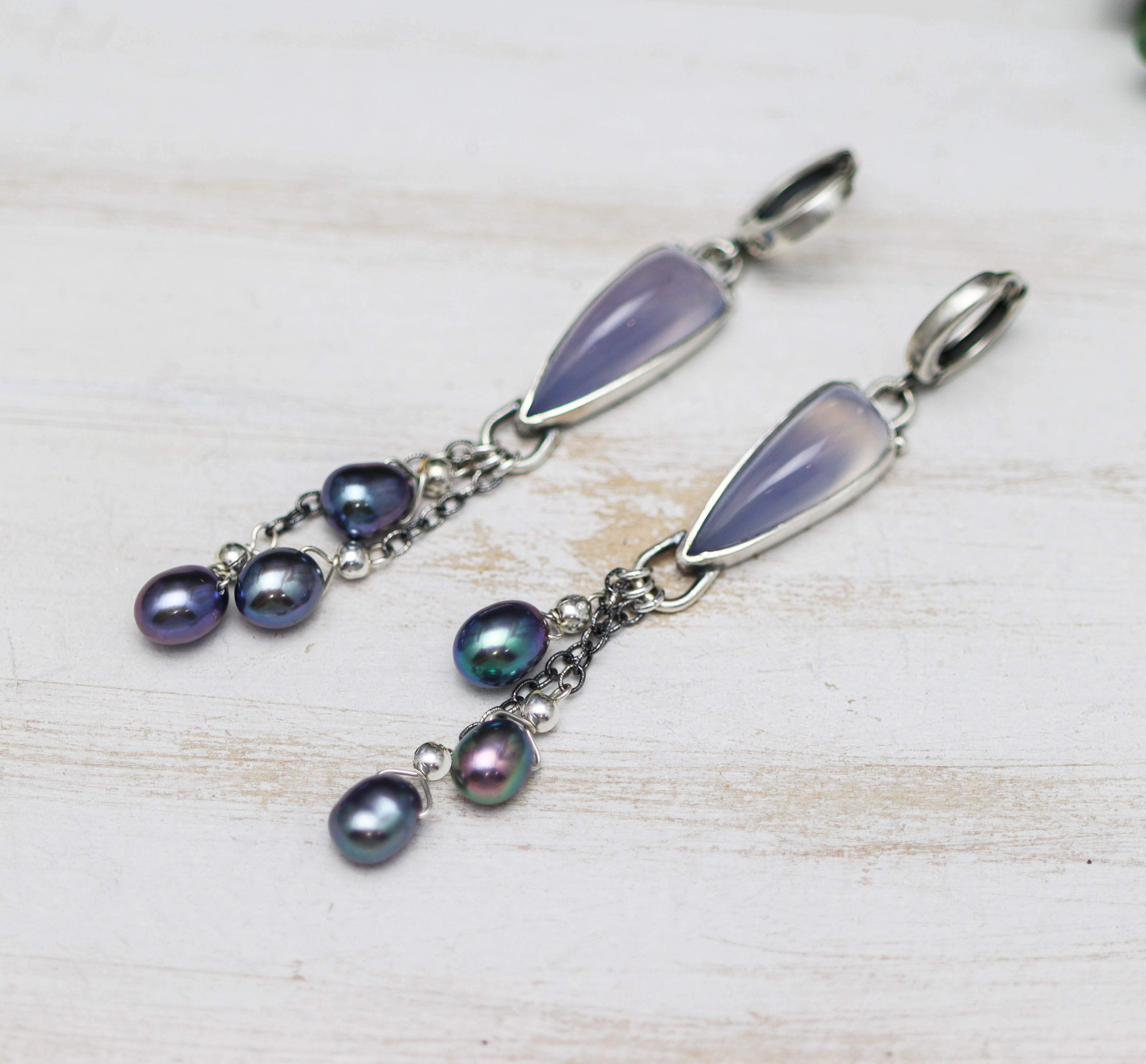 Blue Lavender Chalcedony and Peacock Pearls Sterling Silver Earrings