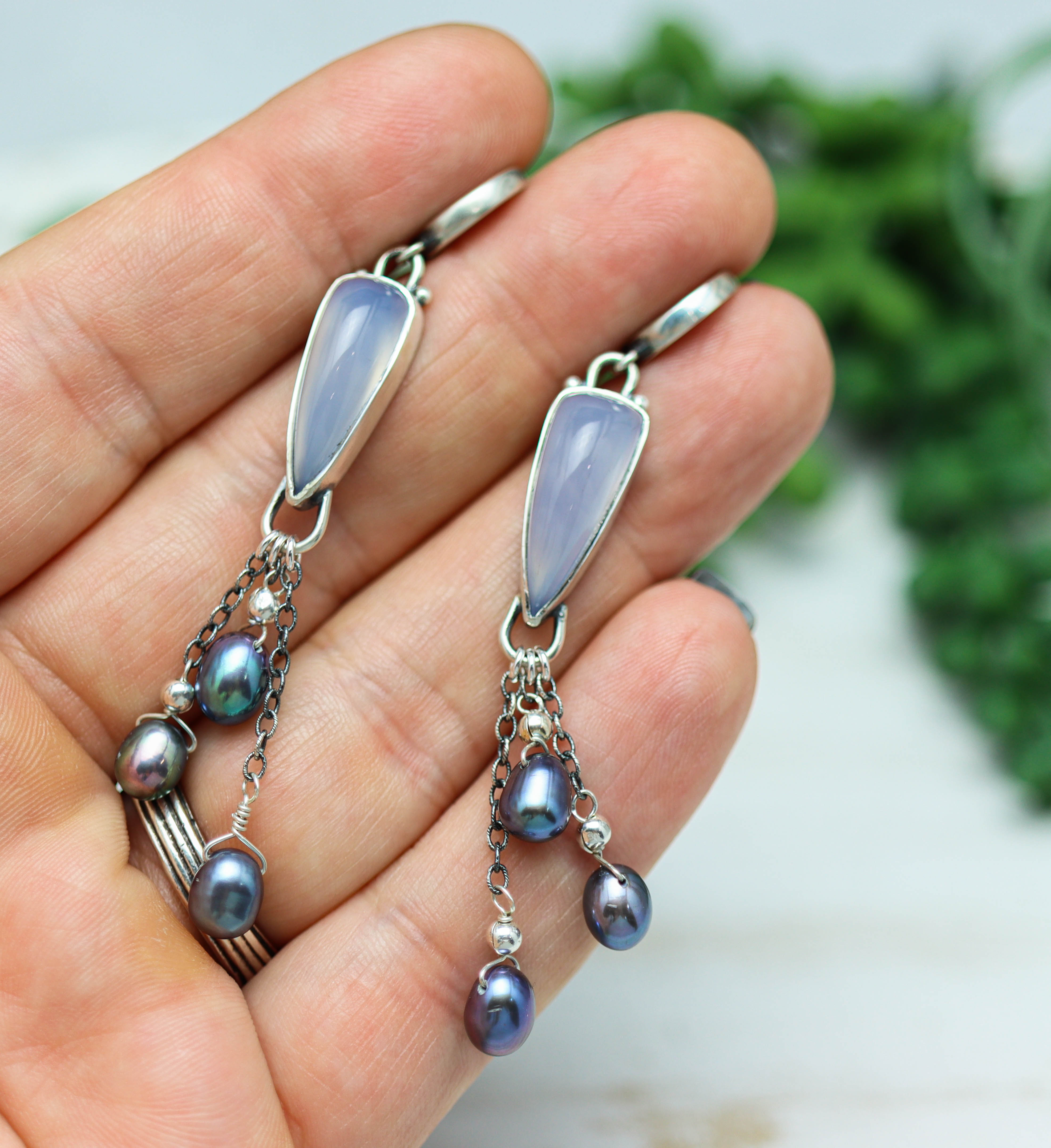 Blue Lavender Chalcedony and Peacock Pearls Sterling Silver Earrings