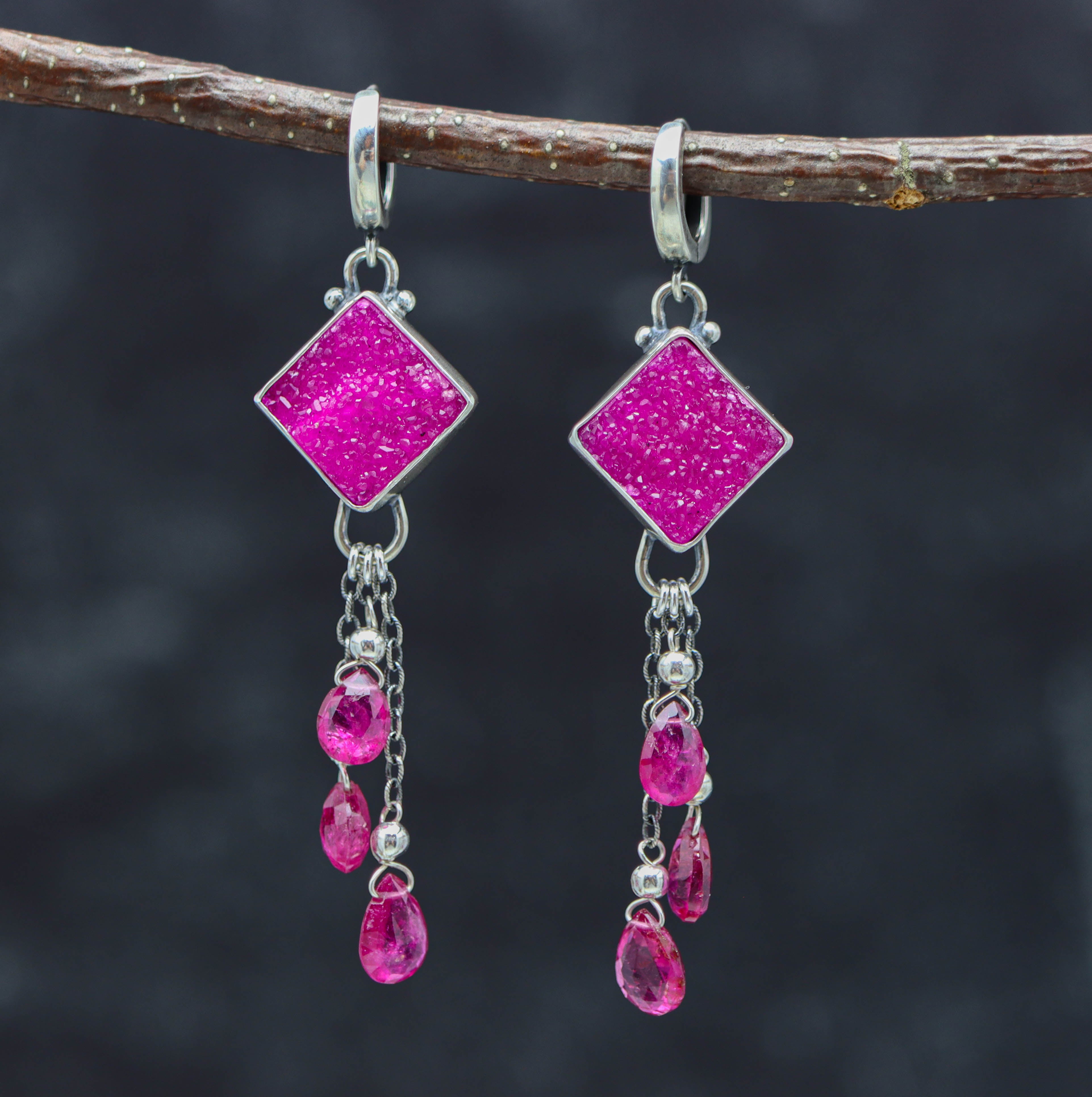 Cobalto Calcite and Rubelite Tourmaline Sterling Silver Dangle Earrings