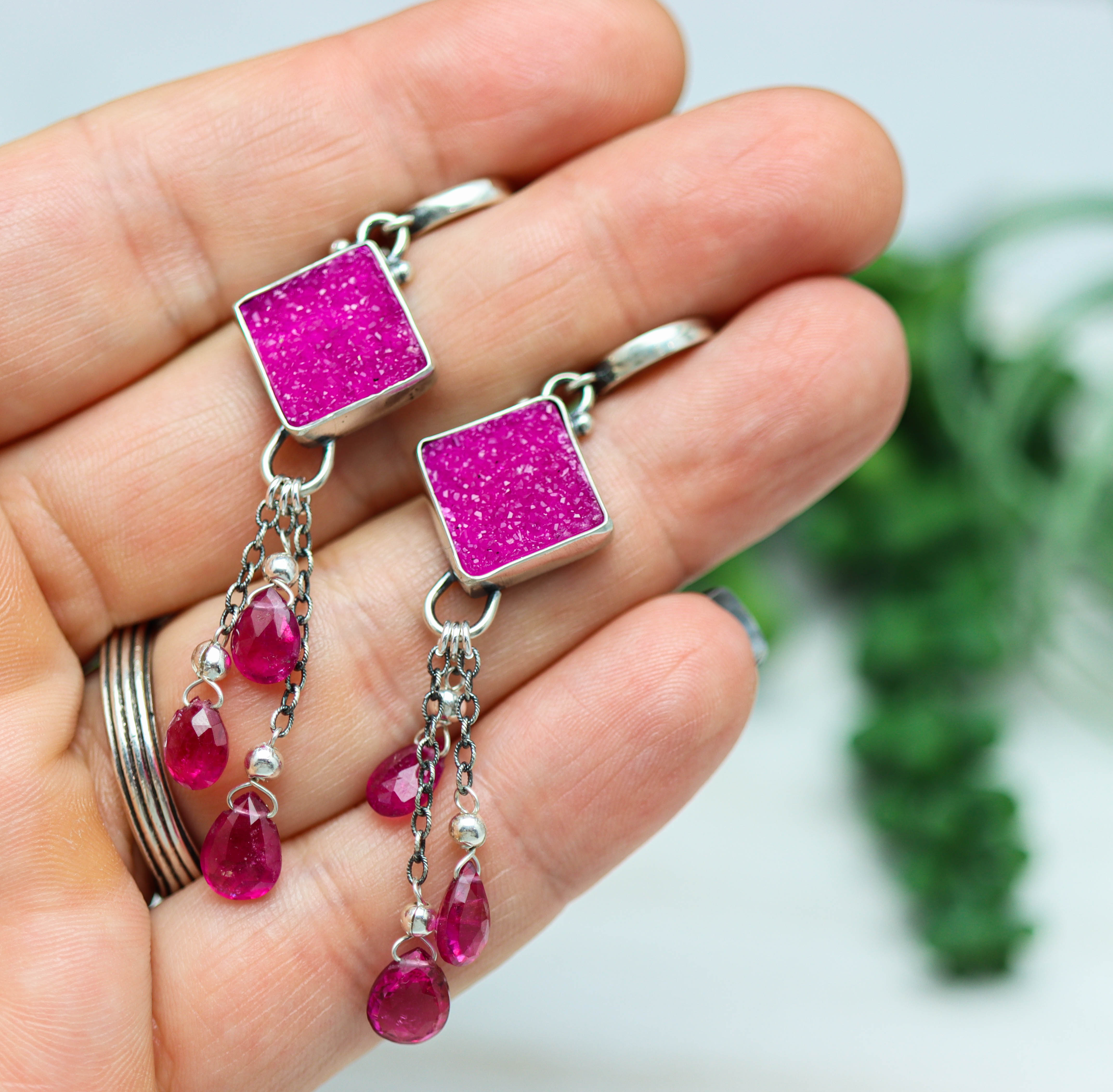 Cobalto Calcite and Rubelite Tourmaline Sterling Silver Dangle Earrings