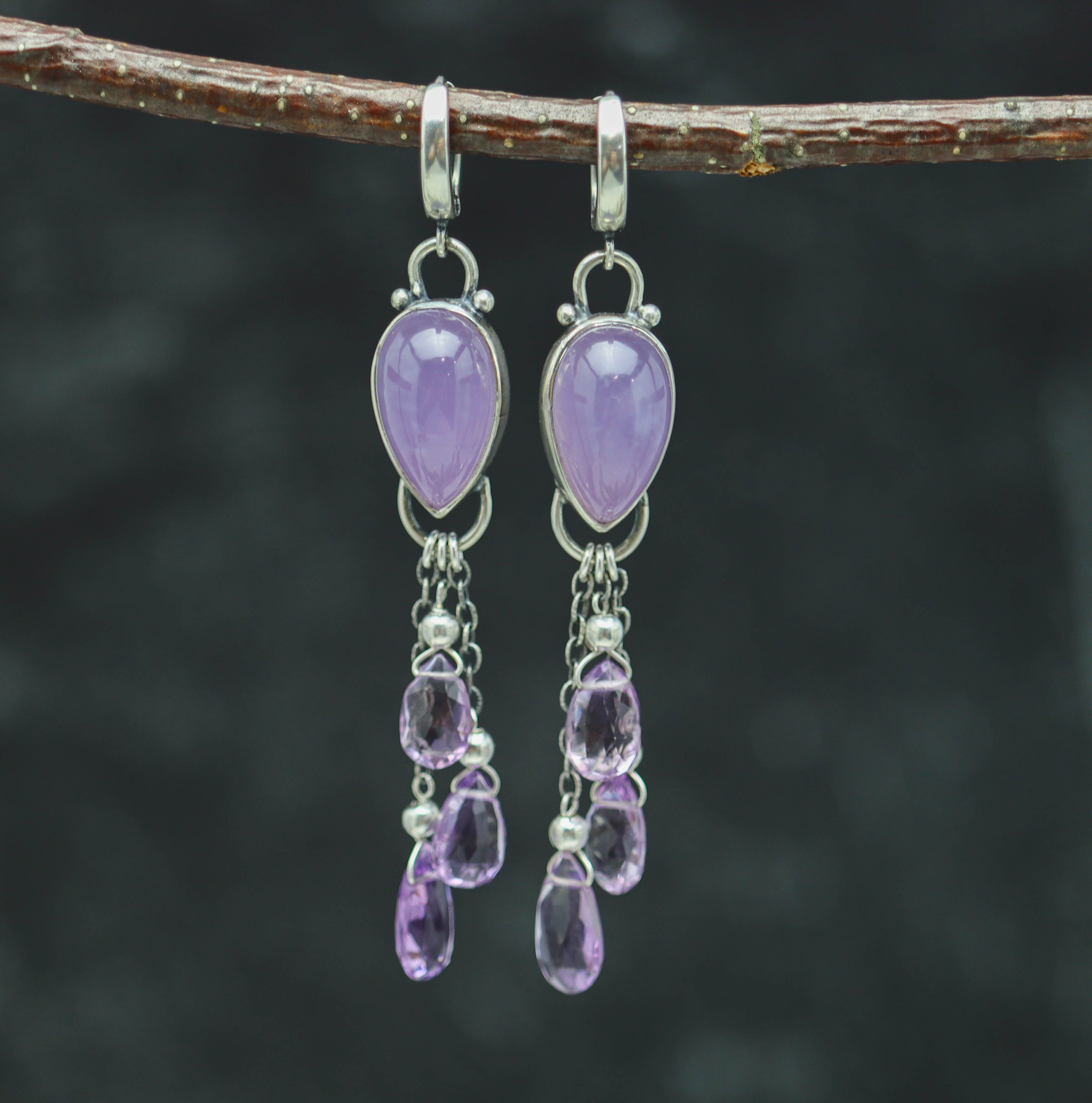 Purple Chalcedony and Amethyst Sterling Silver Dangle Earrings