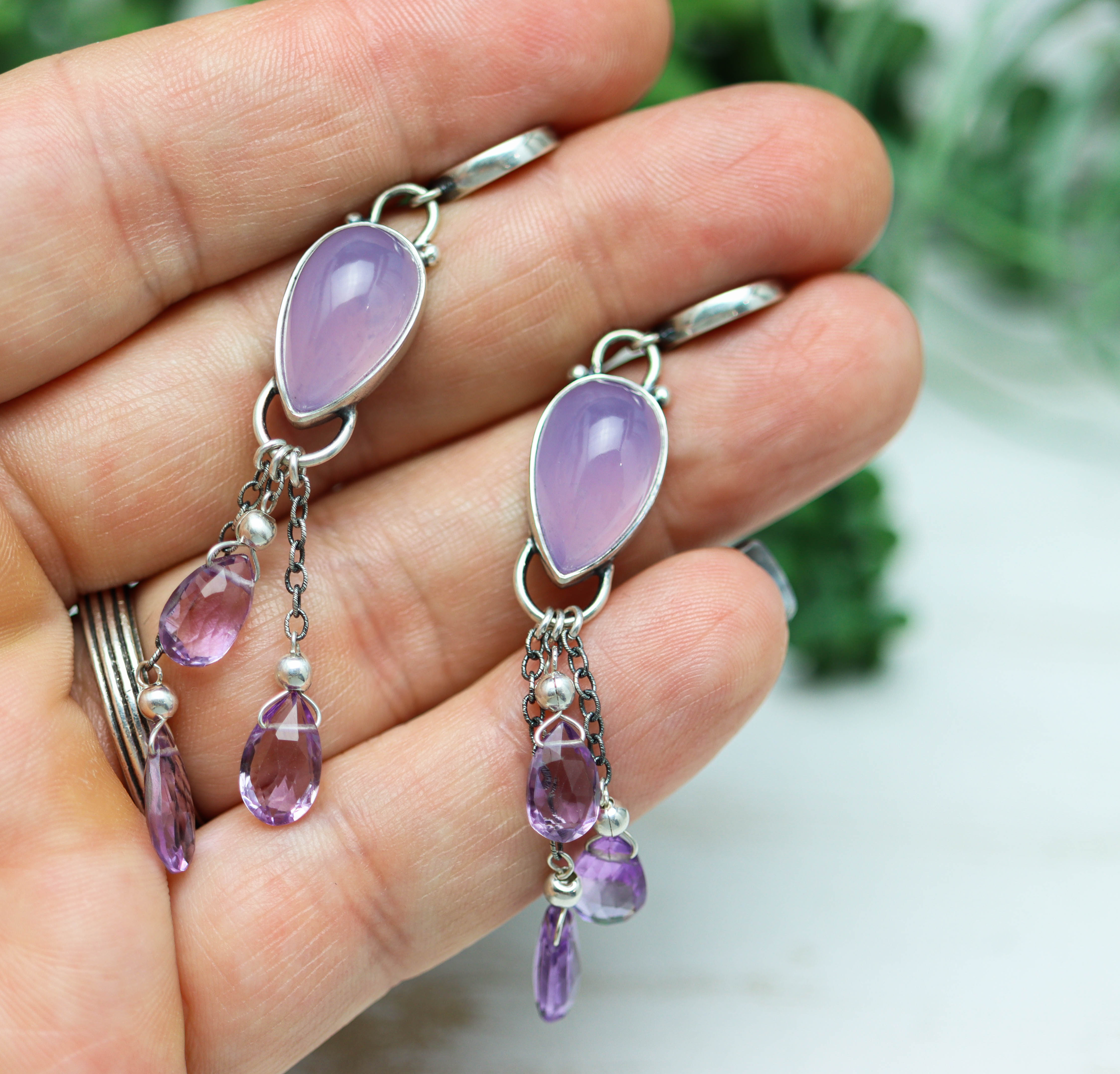 Purple Chalcedony and Amethyst Sterling Silver Dangle Earrings