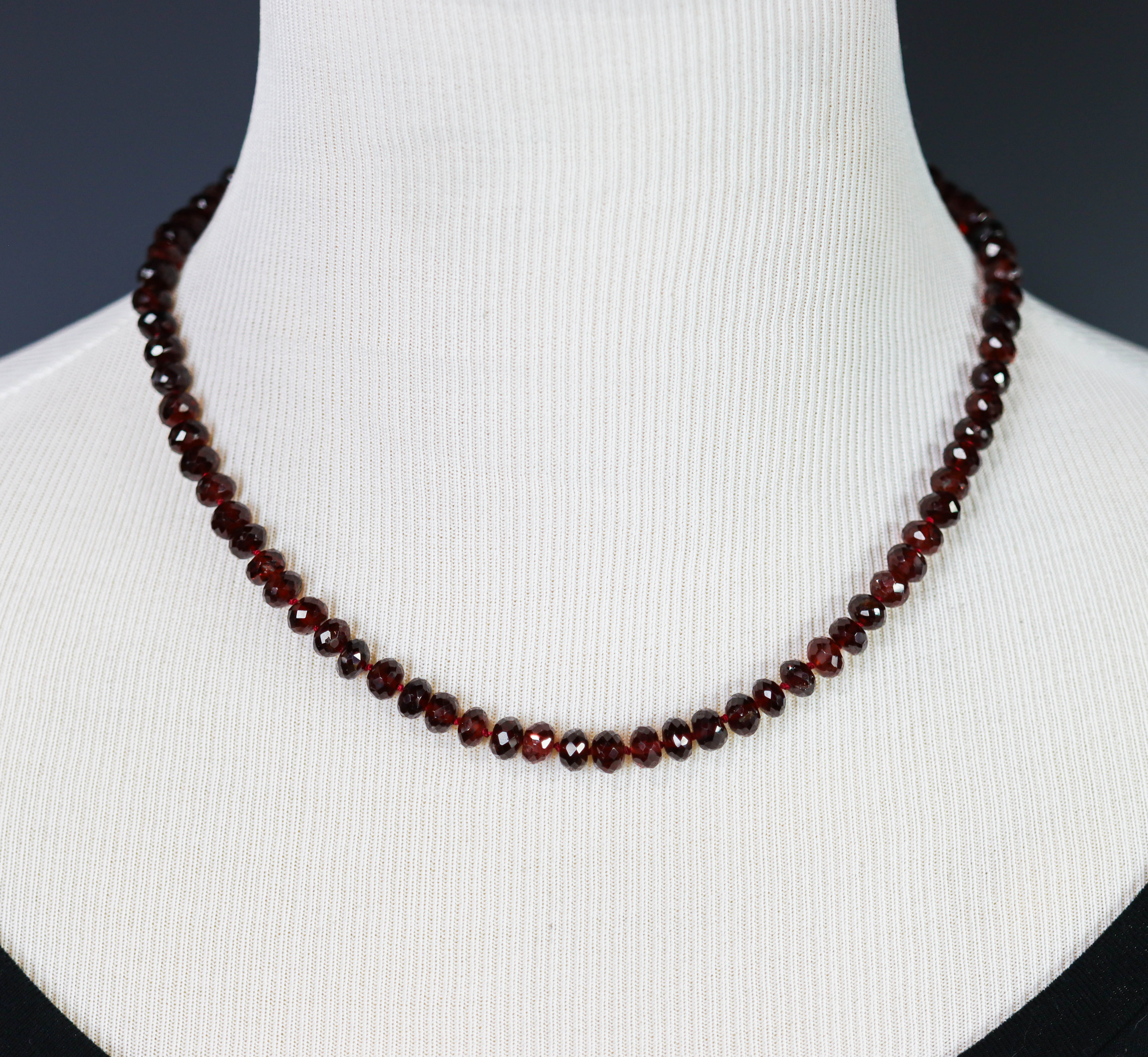 Rich Red Garnet Hand Knotted Bead Necklace Sterling Silver 18 inch