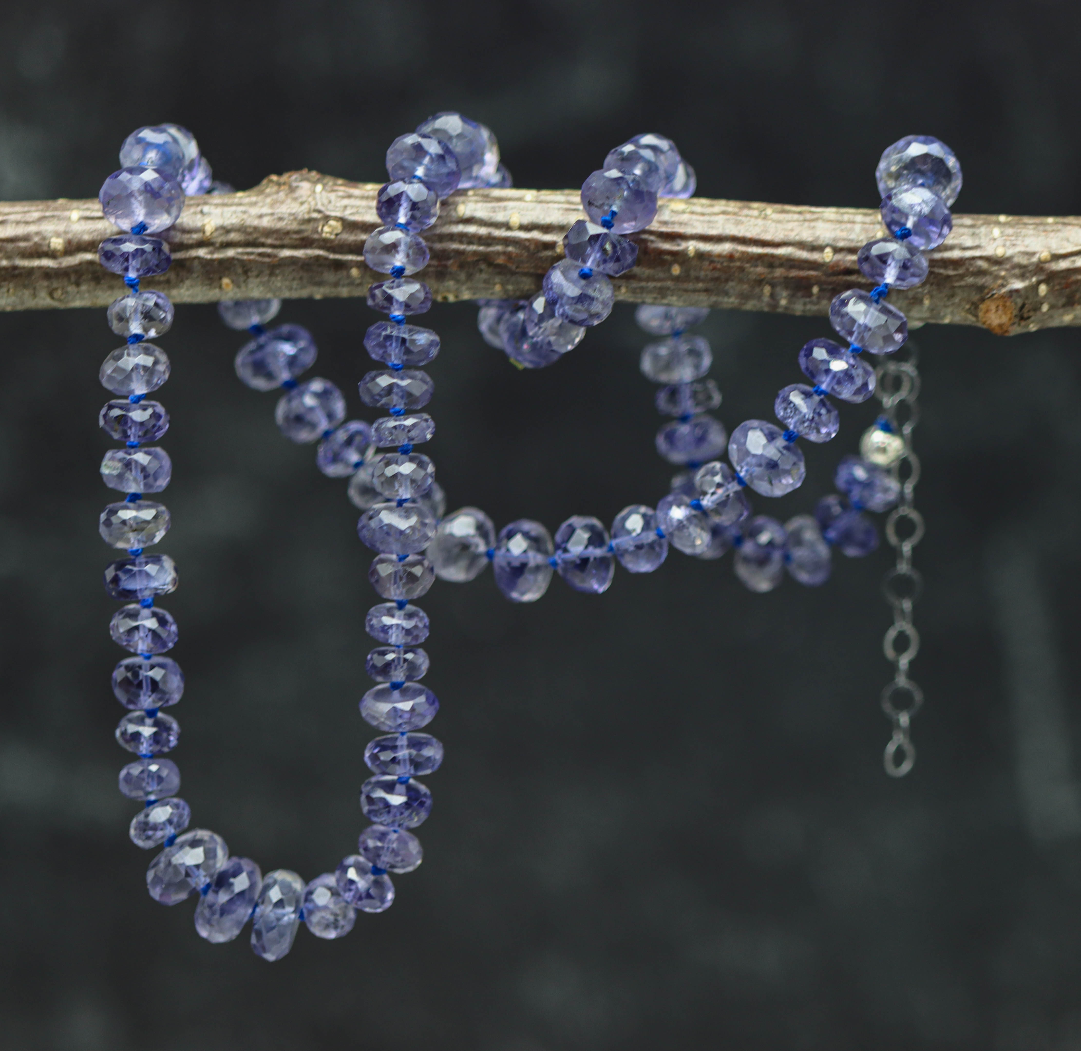 Blue Violet Iolite Hand Knotted Bead Necklace Sterling Silver 19 inch