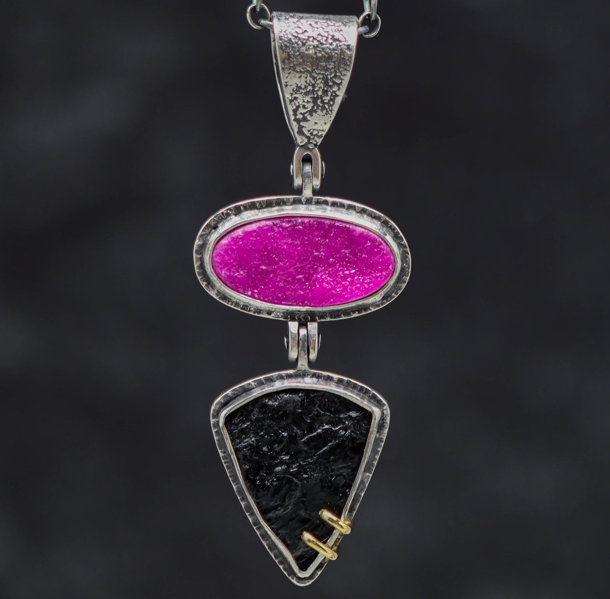 Cobalto Calcite and Black Tourmaline Necklace Sterling Silver and 18k Gold