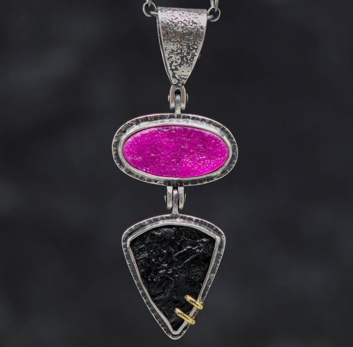 Cobalto Calcite and Black Tourmaline Necklace Sterling Silver and 18k Gold