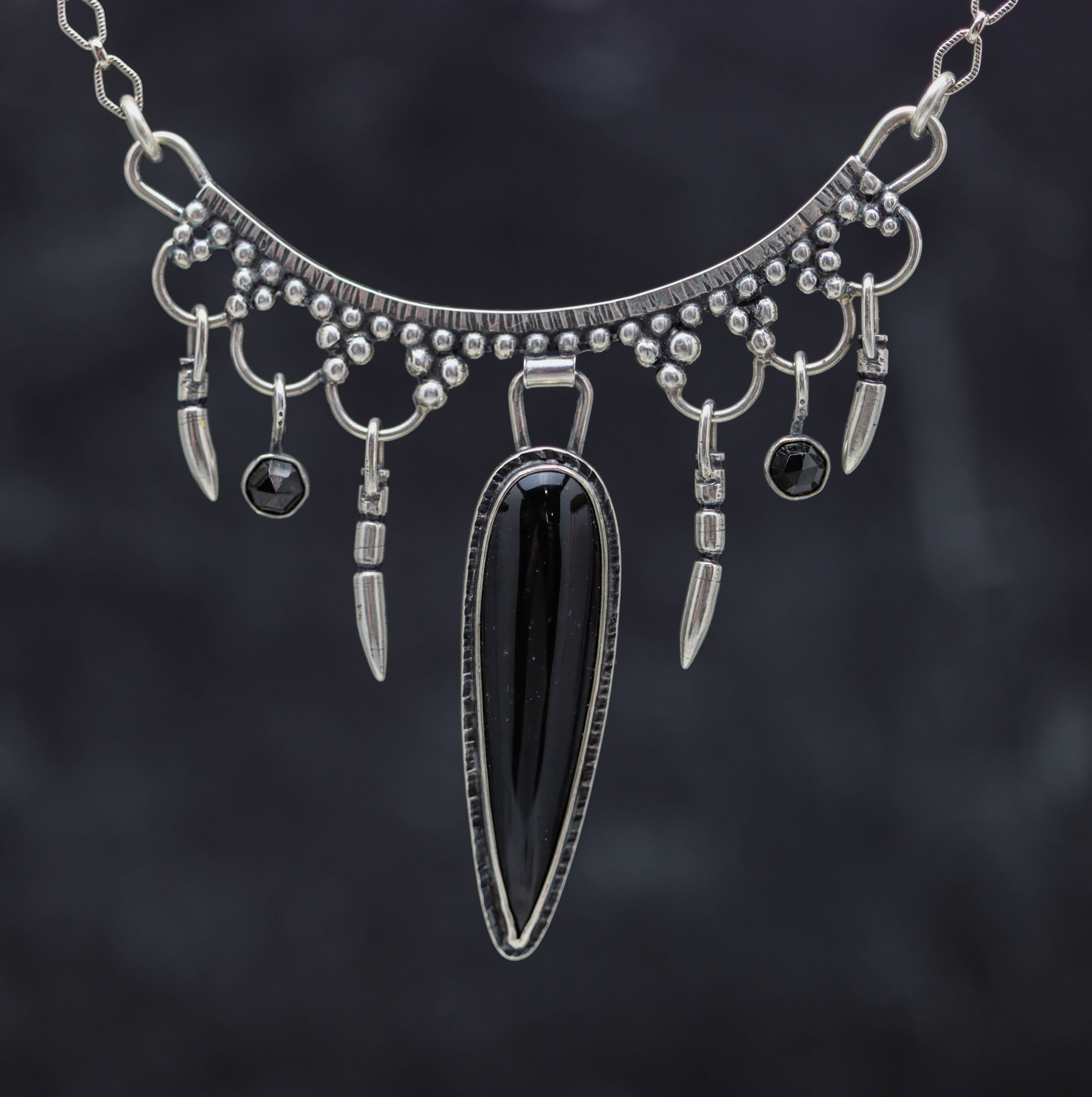 Black Obsidian and Black Spinel Arc Necklace Sterling Silver